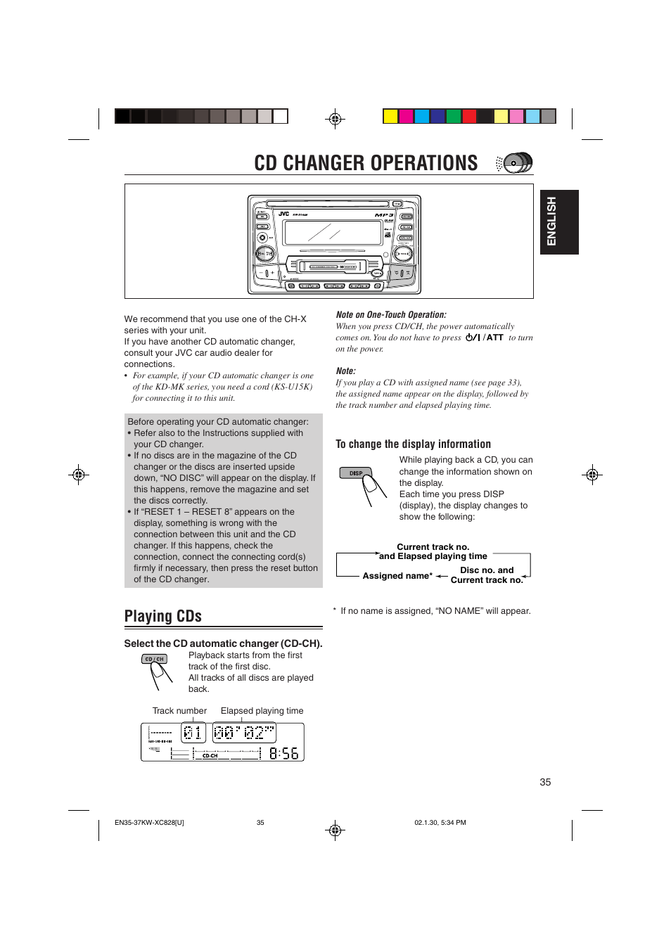 Cd changer operations, Playing cds, English | JVC KW-XC828 User Manual | Page 35 / 44