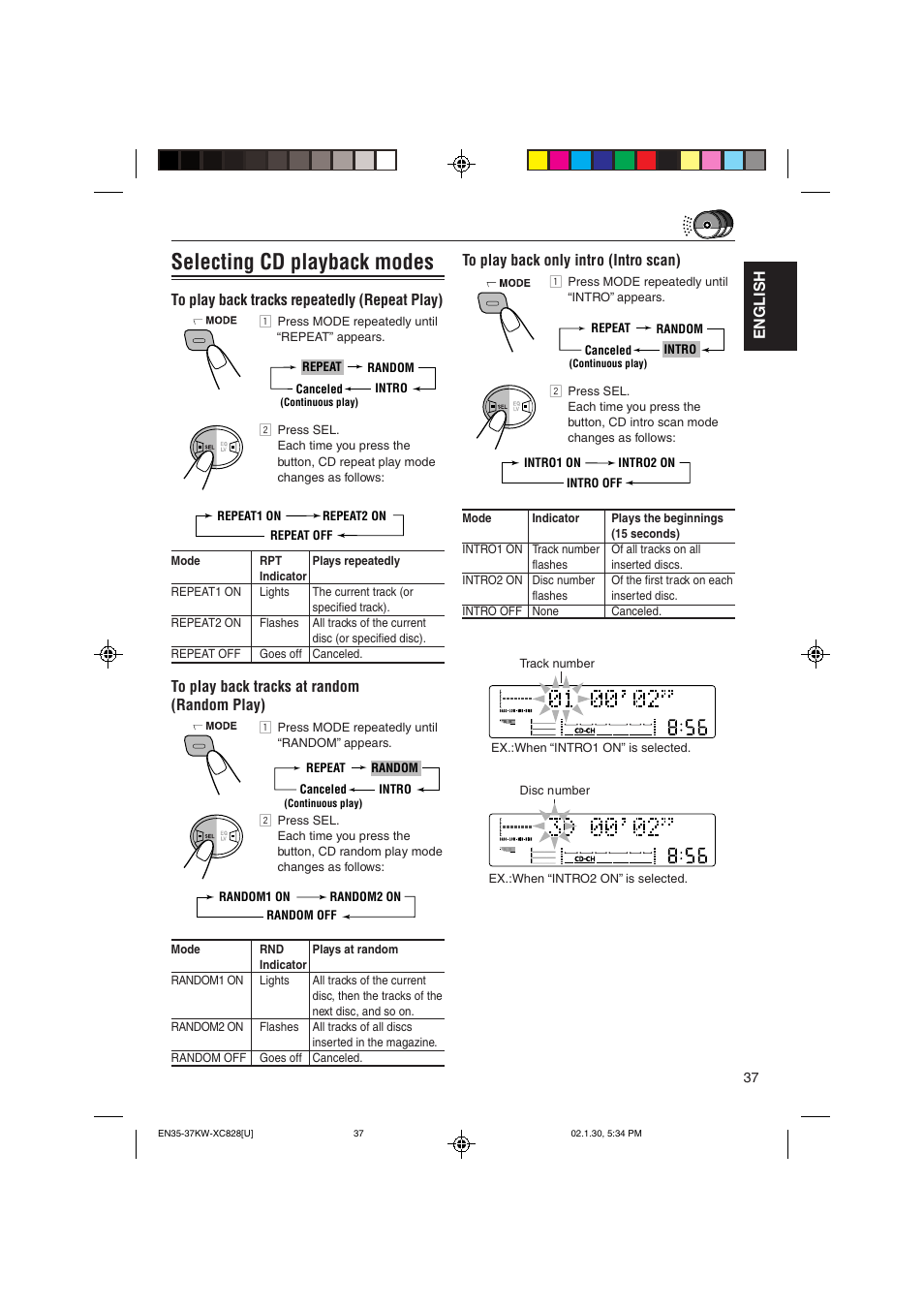 Selecting cd playback modes, English | JVC KW-XC828 User Manual | Page 37 / 44