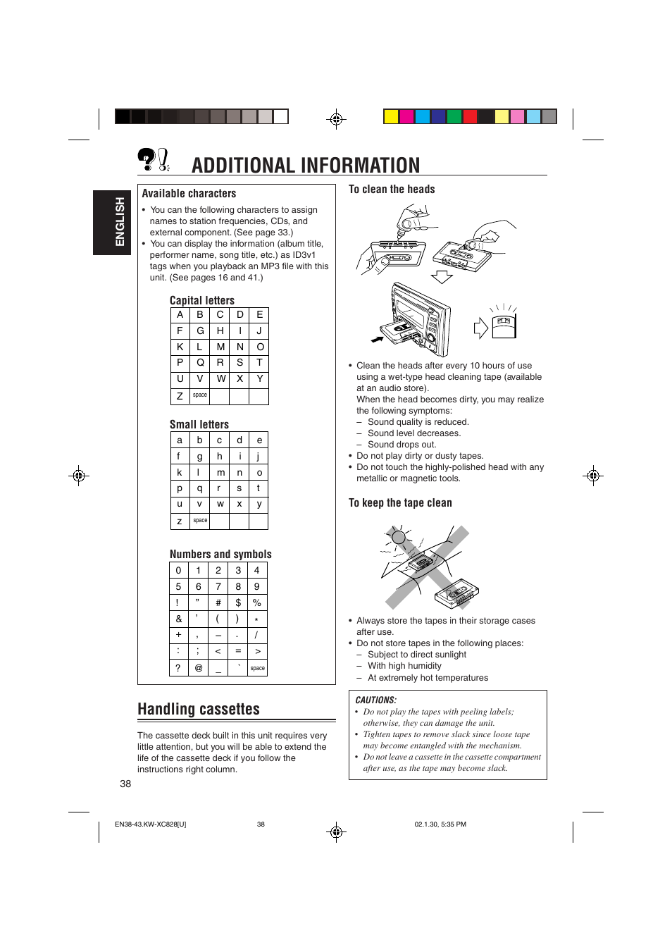 Additional information, Handling cassettes | JVC KW-XC828 User Manual | Page 38 / 44