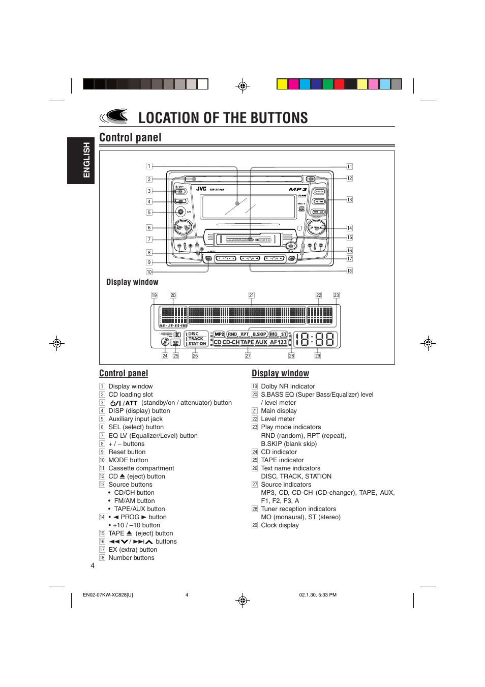 Location of the buttons, Control panel, Display window | English | JVC KW-XC828 User Manual | Page 4 / 44