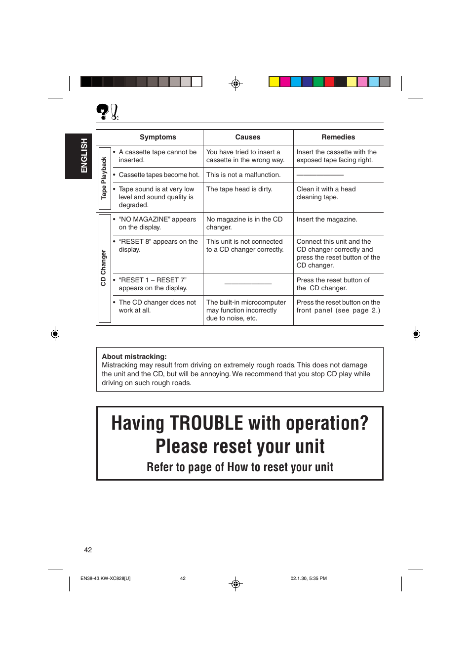 Refer to page of how to reset your unit | JVC KW-XC828 User Manual | Page 42 / 44