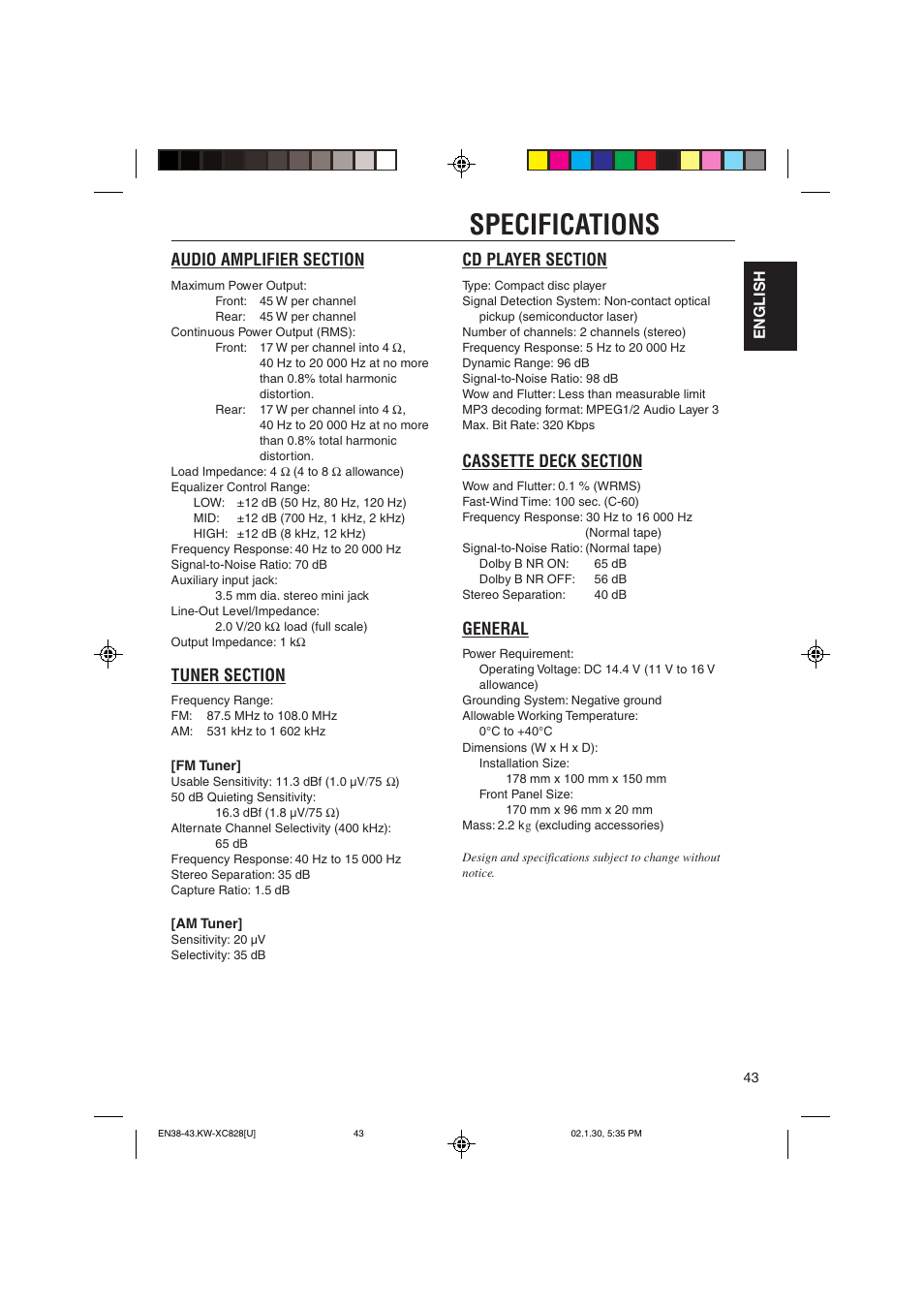 Specifications, General, English | JVC KW-XC828 User Manual | Page 43 / 44