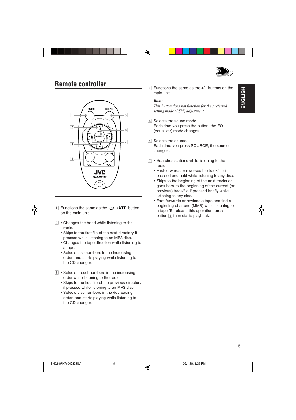 Remote controller, English | JVC KW-XC828 User Manual | Page 5 / 44