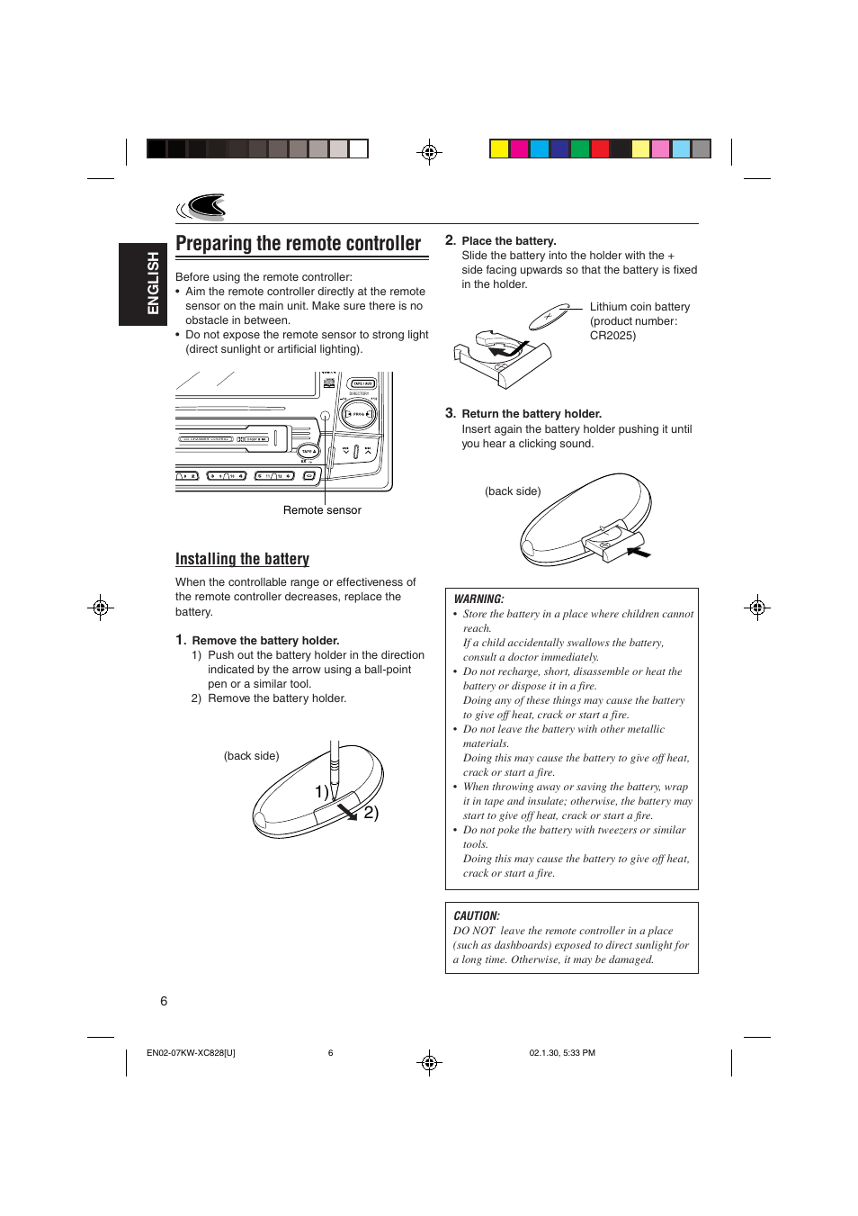 Preparing the remote controller, Installing the battery, English | JVC KW-XC828 User Manual | Page 6 / 44