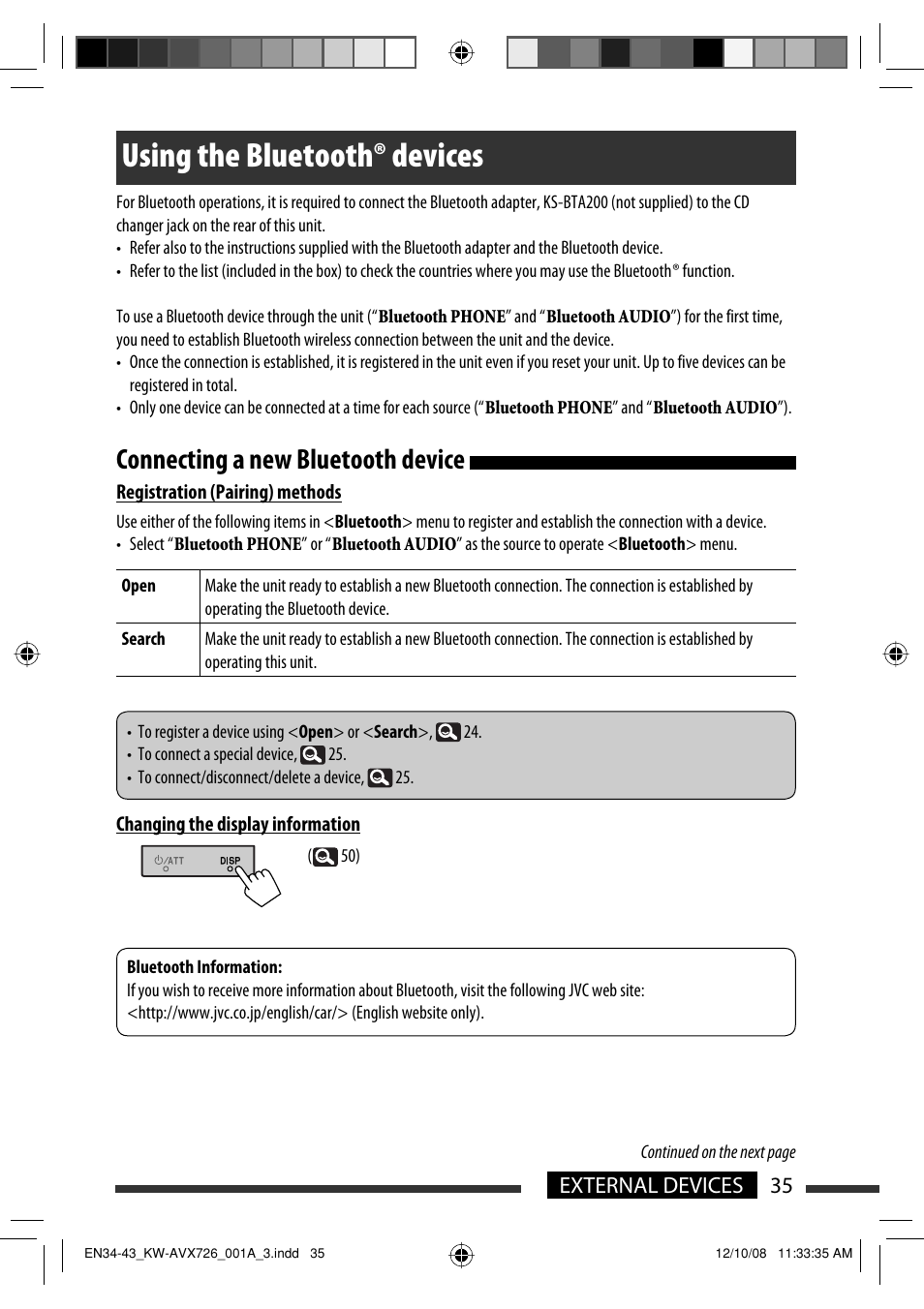 Using the bluetooth devices, Using the bluetooth® devices, Connecting a new bluetooth device | 35 external devices | JVC GET0602-001A User Manual | Page 105 / 362