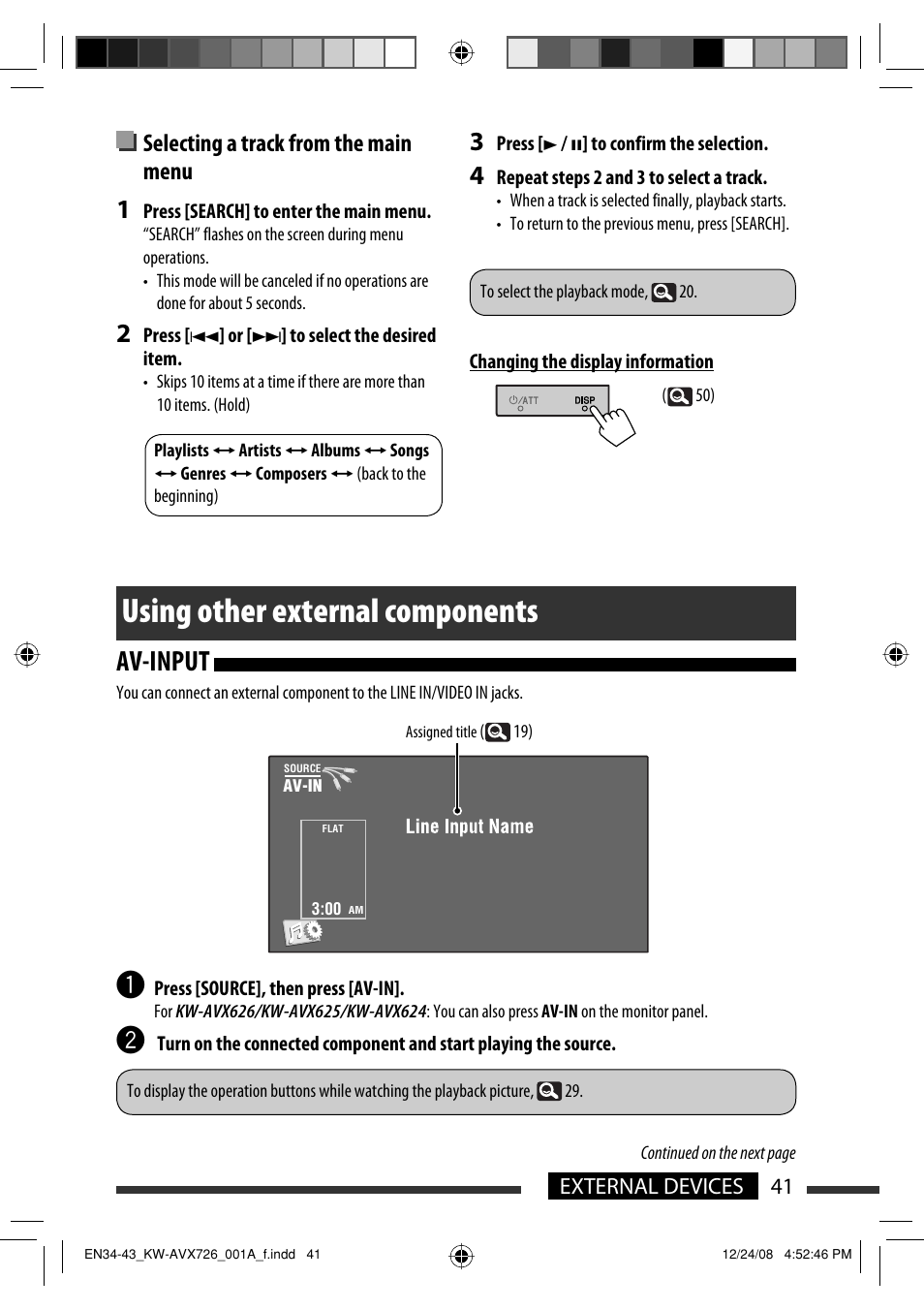 Using other external components, Av-input, Selecting a track from the main menu | JVC GET0602-001A User Manual | Page 111 / 362