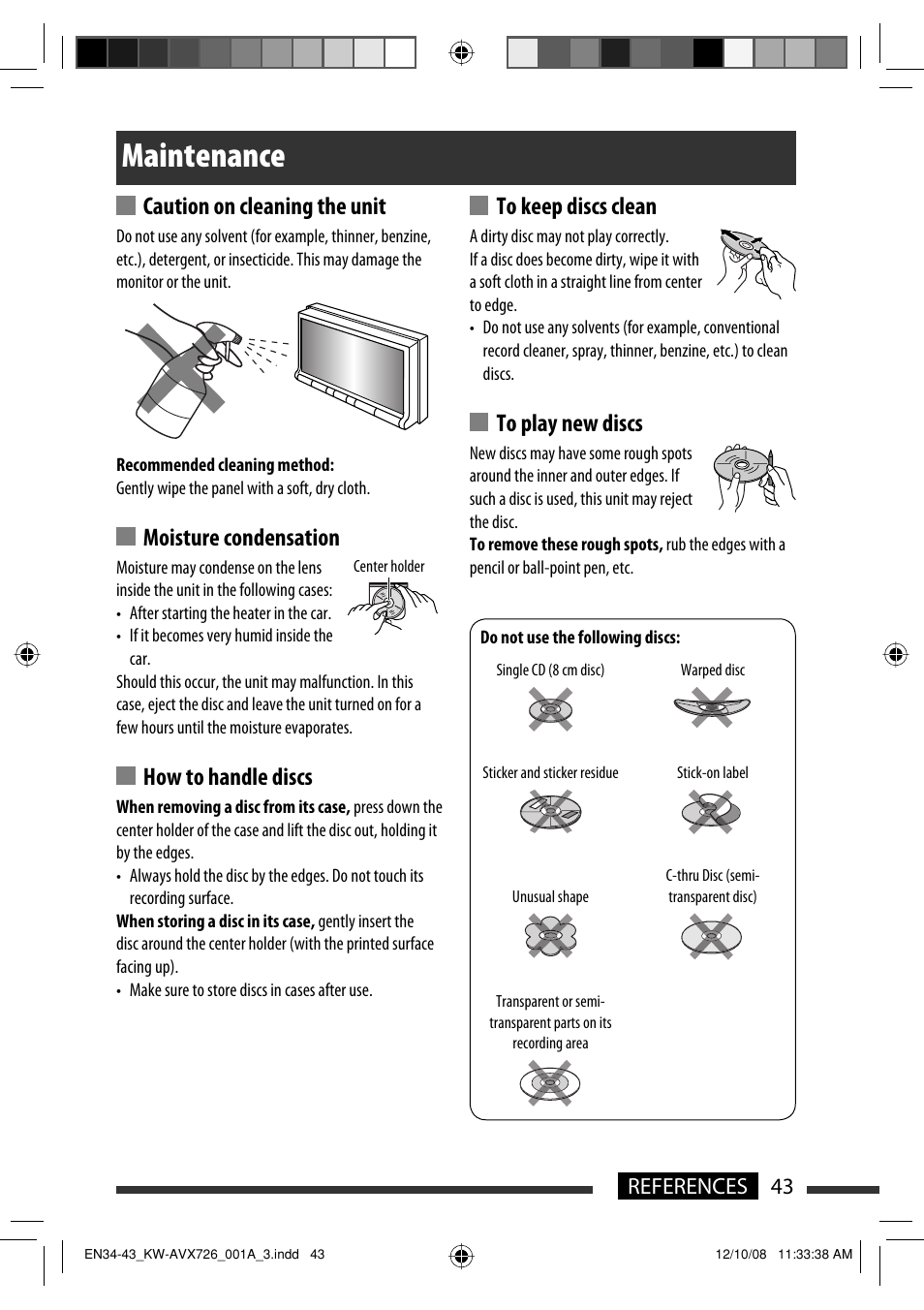 Maintenance, Caution on cleaning the unit, Moisture condensation | How to handle discs, 43 references | JVC GET0602-001A User Manual | Page 113 / 362