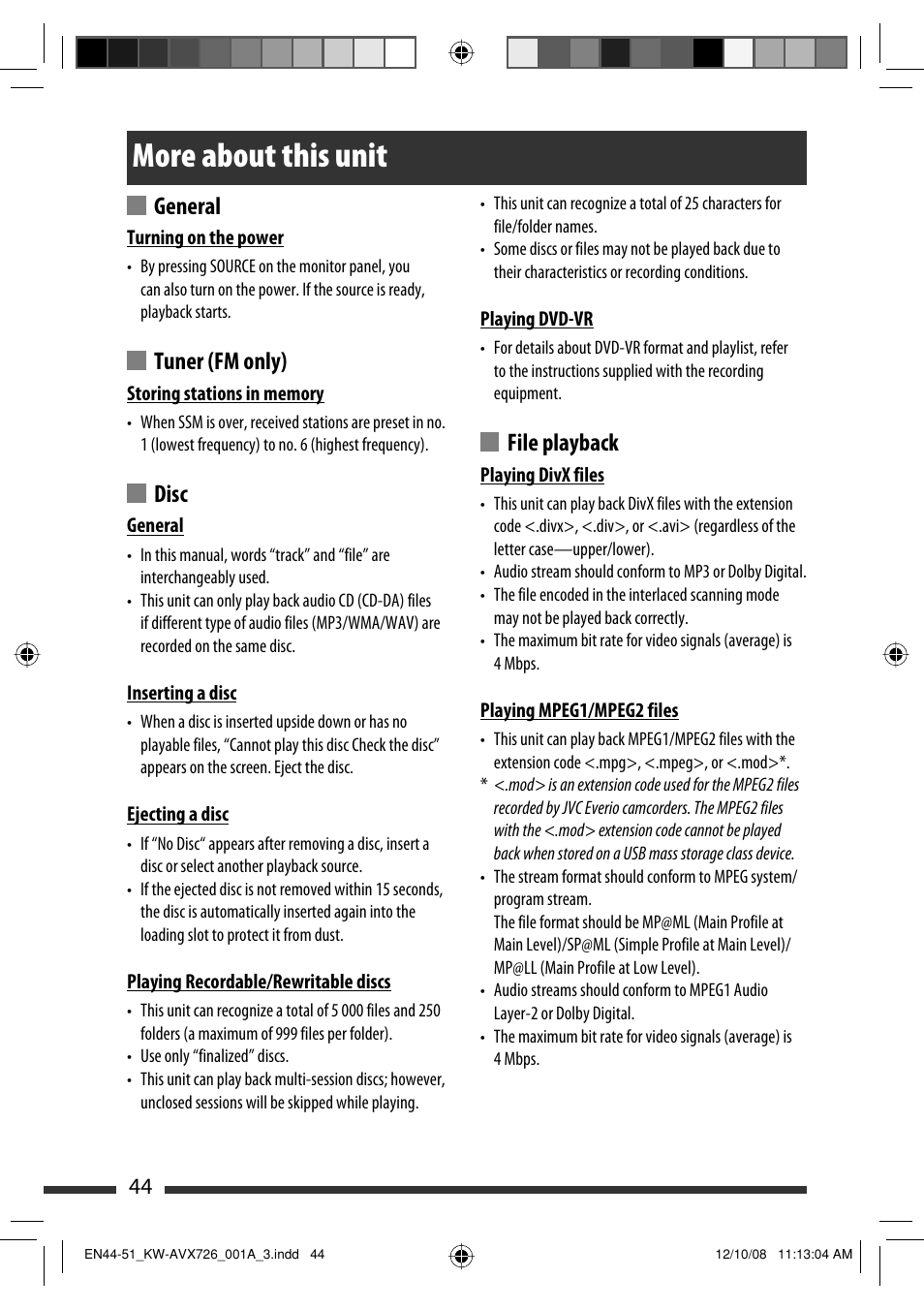 More about this unit, General, Tuner (fm only) | Disc, File playback | JVC GET0602-001A User Manual | Page 114 / 362