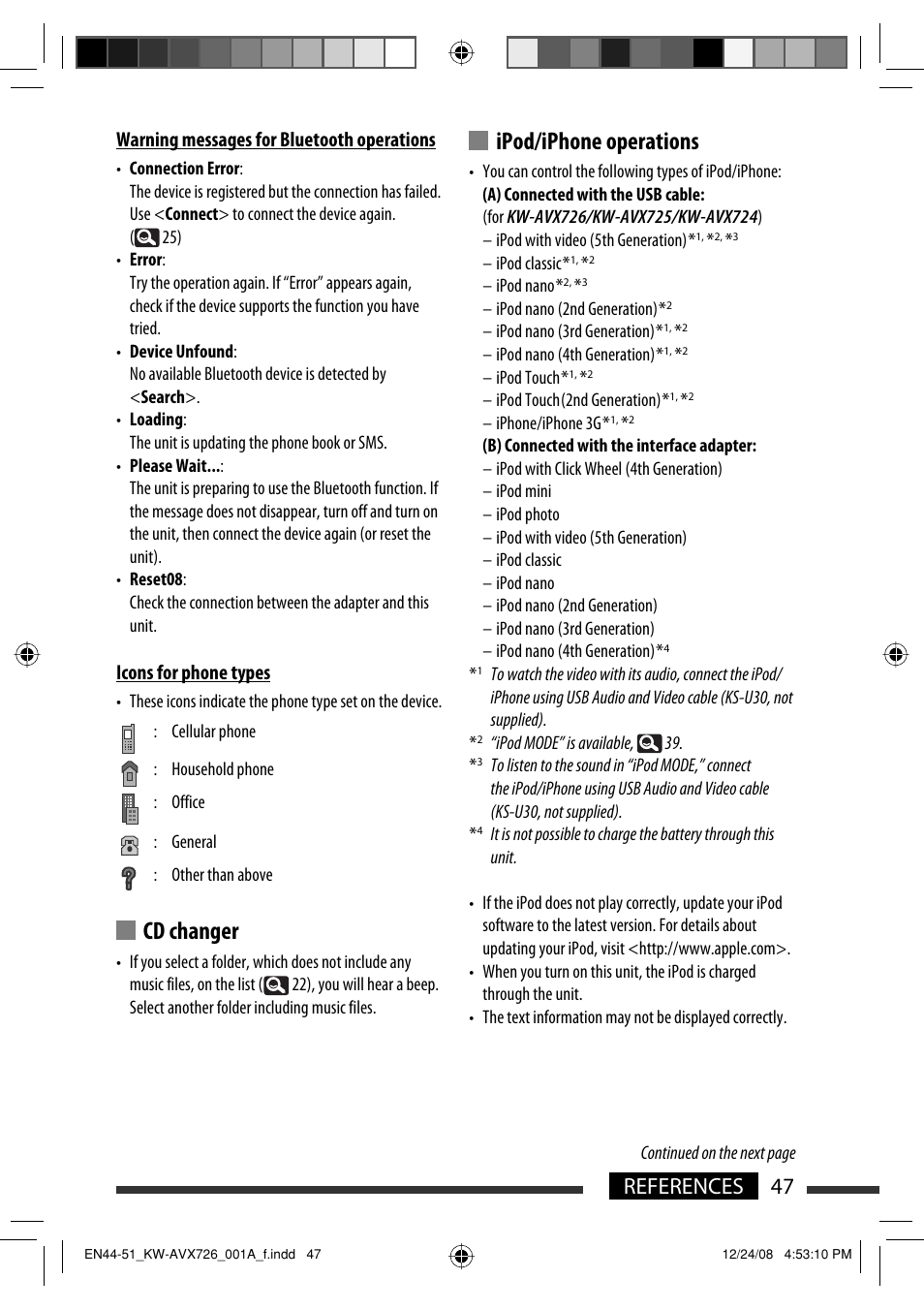 Cd changer, Ipod/iphone operations, 47 references | Warning messages for bluetooth operations, Icons for phone types | JVC GET0602-001A User Manual | Page 117 / 362