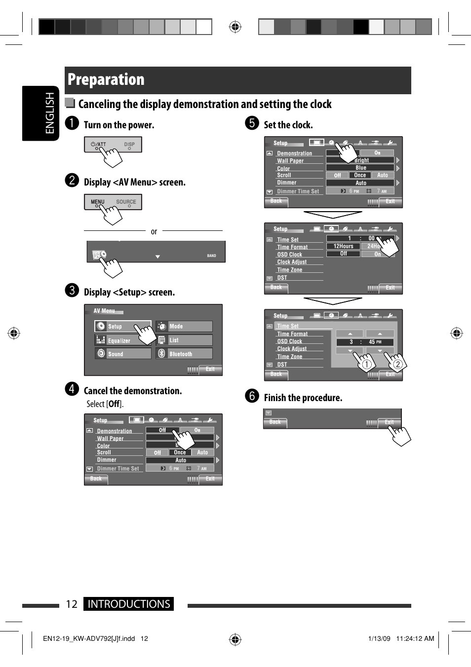 Preparation, 12 introductions english, Set the clock | Finish the procedure, Turn on the power, Display <av menu> screen, Display <setup> screen, Cancel the demonstration, Select [ off | JVC GET0602-001A User Manual | Page 12 / 362