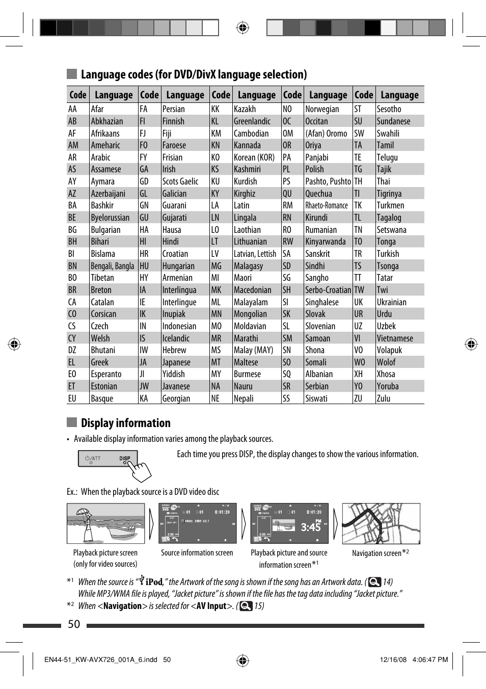 Language codes (for dvd/divx language selection), Display information | JVC GET0602-001A User Manual | Page 120 / 362