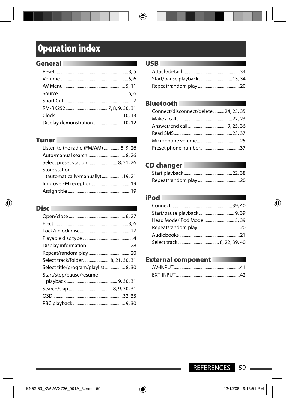 Operation index, 59 references, General | Tuner, Disc, Bluetooth, Cd changer, Ipod, External component | JVC GET0602-001A User Manual | Page 129 / 362
