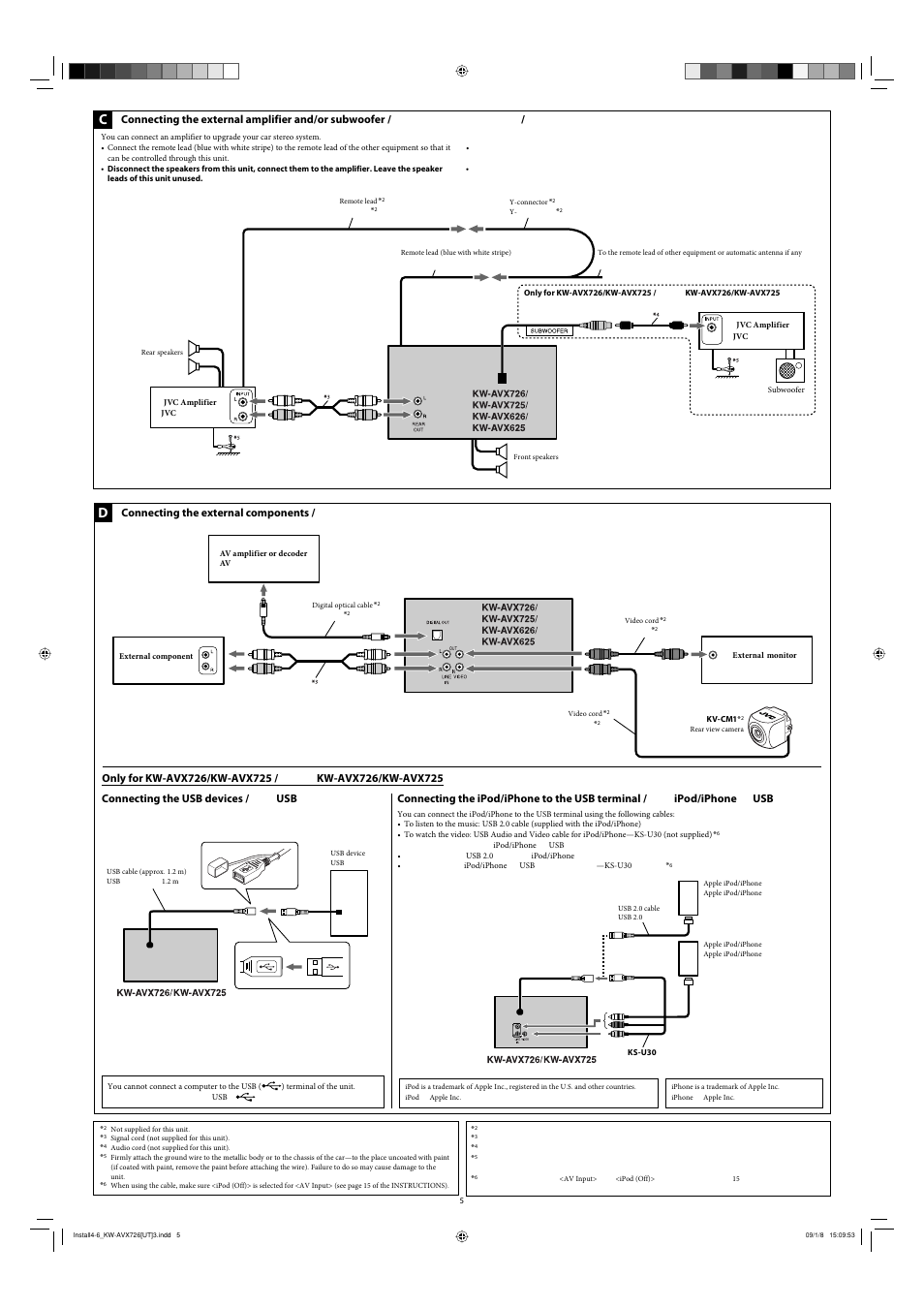 Connecting the external amplifier and/or subwoofer, Connecting the external components | JVC GET0602-001A User Manual | Page 135 / 362