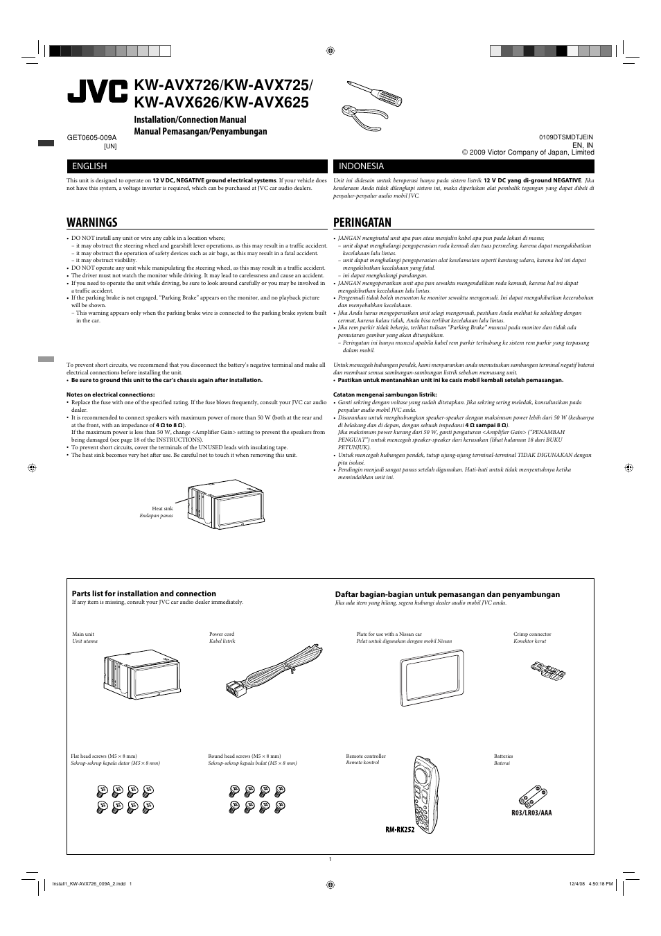 Installation/connection manual (un), Warnings, Parts list for installation and connection | Peringatan, Indonesia, English | JVC GET0602-001A User Manual | Page 137 / 362