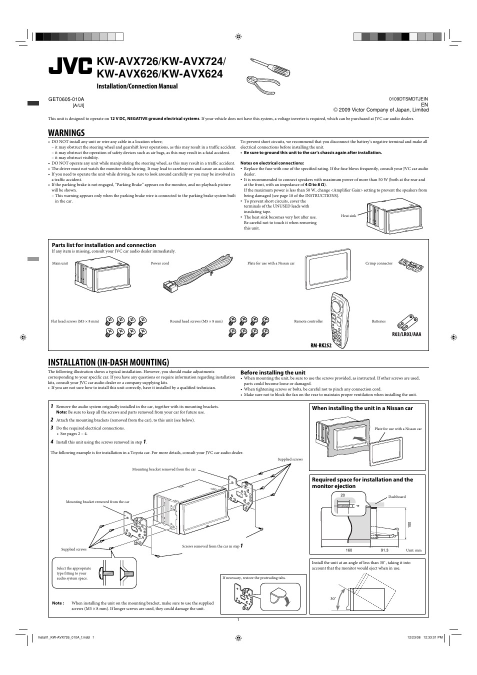 Installation/connection manual (a/ui), Warnings, Parts list for installation and connection | Installation, Installation (in-dash mounting), Installation/connection manual, When installing the unit in a nissan car, Before installing the unit | JVC GET0602-001A User Manual | Page 143 / 362