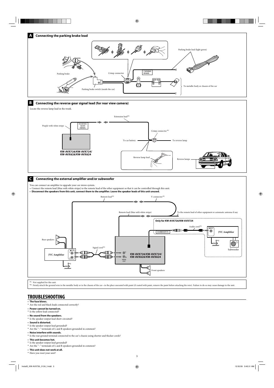 Troubleshooting, Connecting the parking brake lead, Connecting the external amplifier and/or subwoofer | JVC GET0602-001A User Manual | Page 145 / 362
