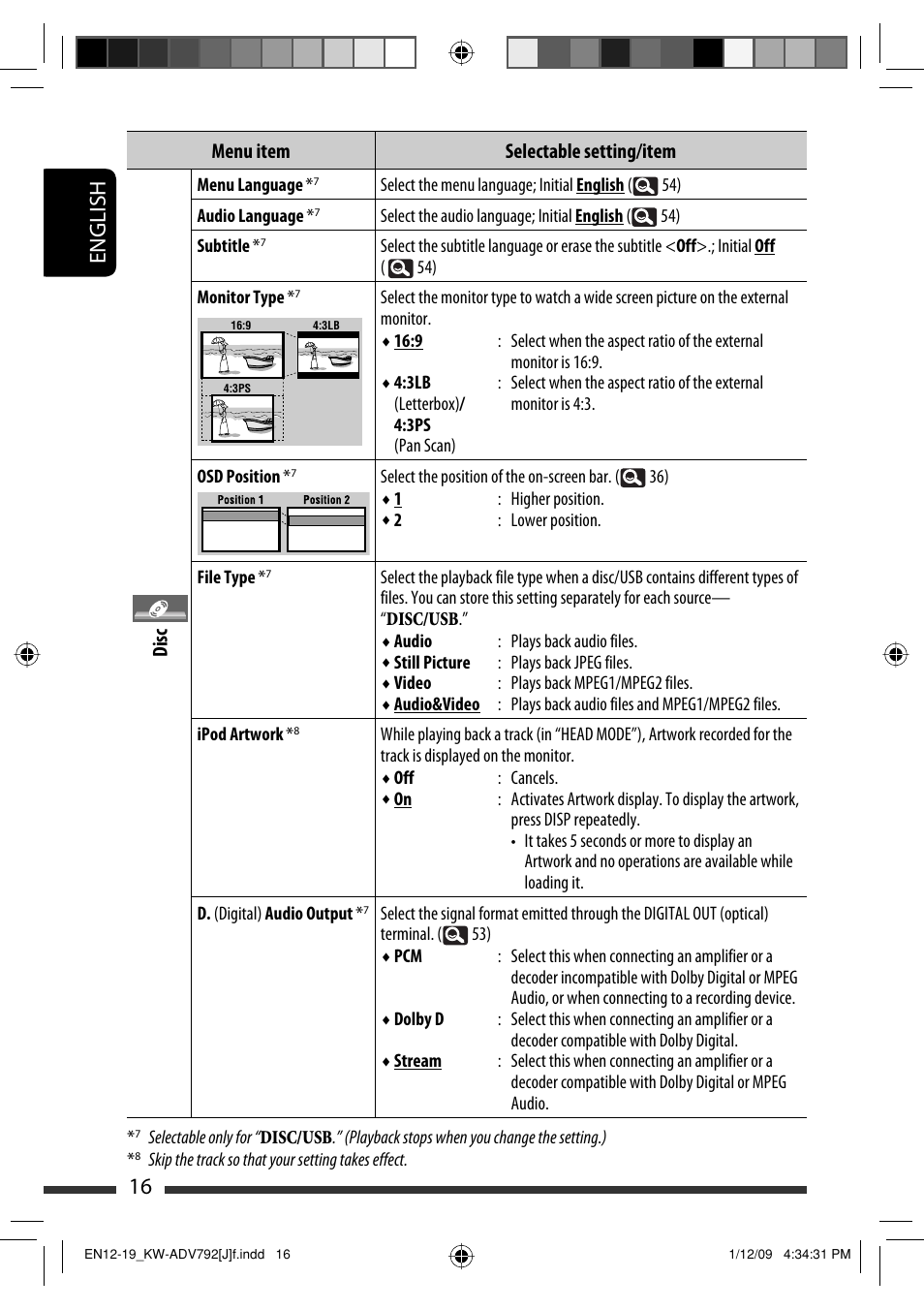 16 english, Menu item selectable setting/item disc | JVC GET0602-001A User Manual | Page 16 / 362