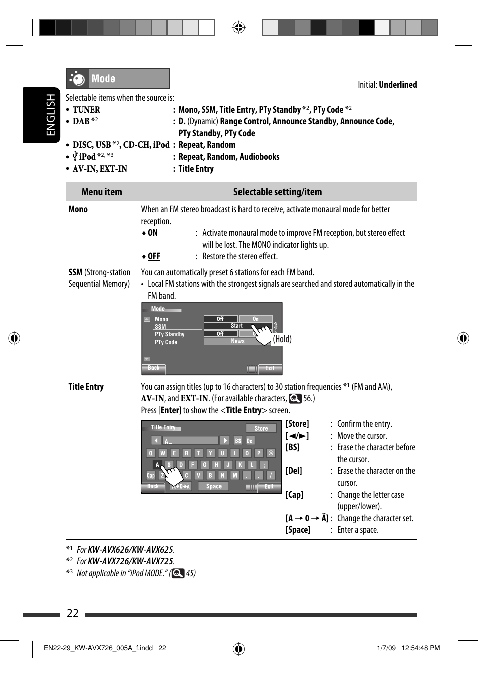 22 english, Menu item selectable setting/item | JVC GET0602-001A User Manual | Page 168 / 362