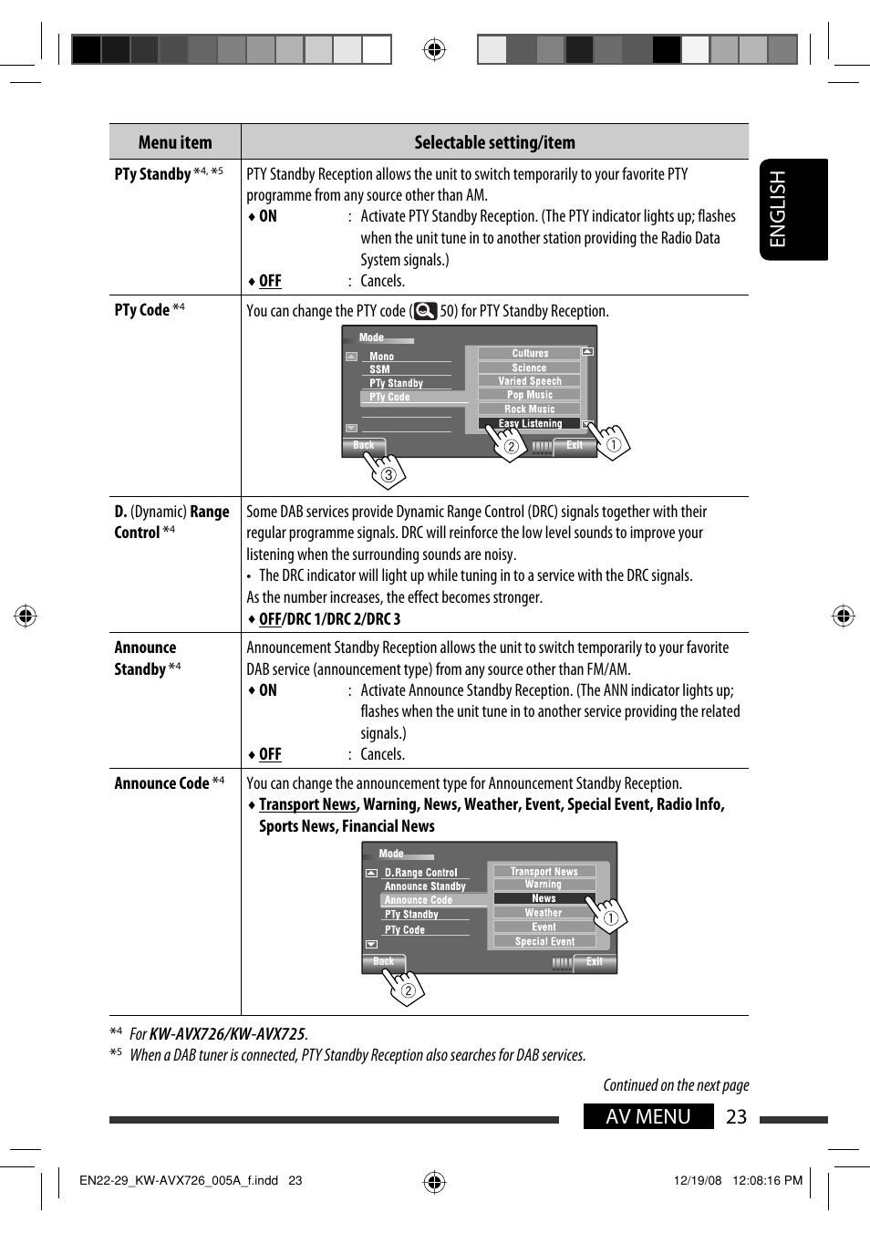 23 av menu english, Menu item selectable setting/item | JVC GET0602-001A User Manual | Page 169 / 362