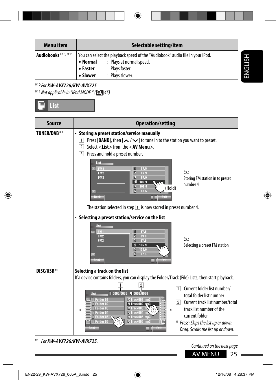 25 av menu english, Source operation/setting, Menu item selectable setting/item | JVC GET0602-001A User Manual | Page 171 / 362