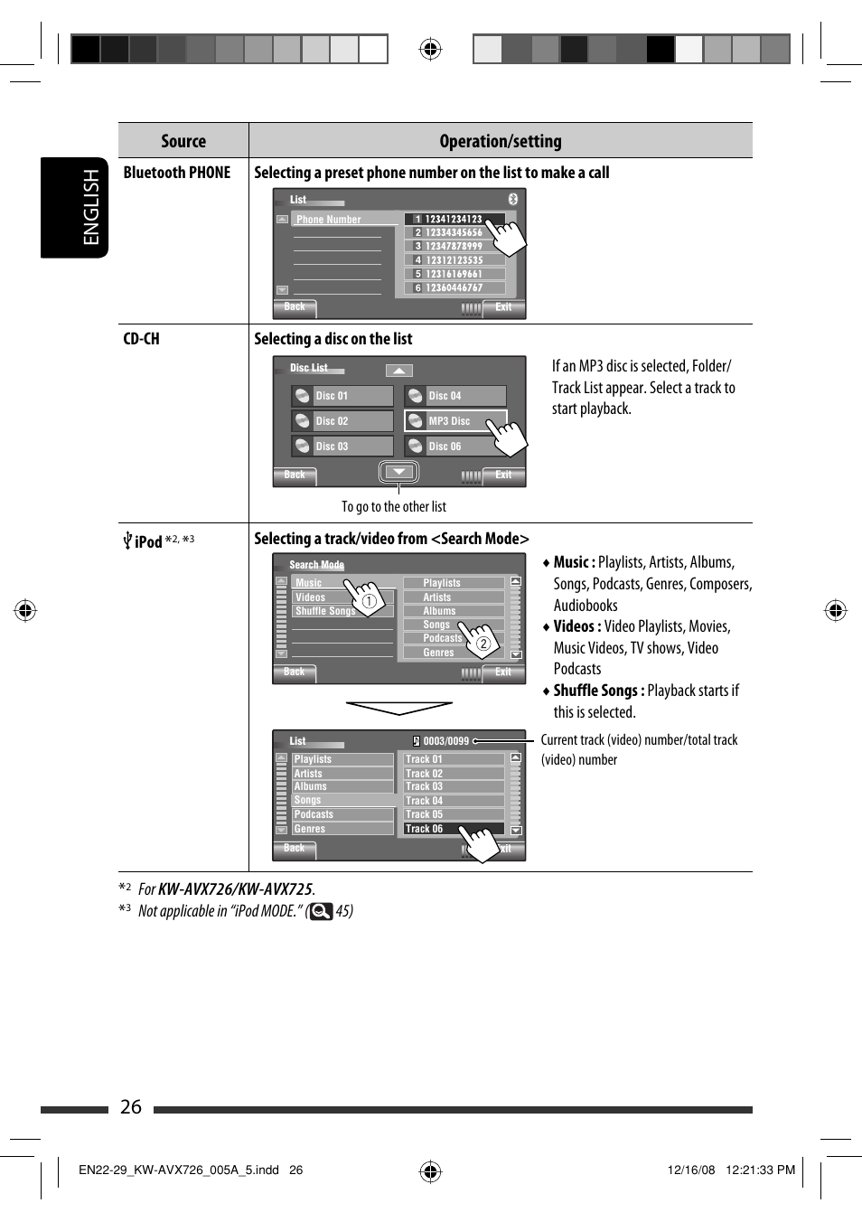 26 english, Source operation/setting, Selecting a track/video from <search mode | Not applicable in “ipod mode.” ( 45) | JVC GET0602-001A User Manual | Page 172 / 362