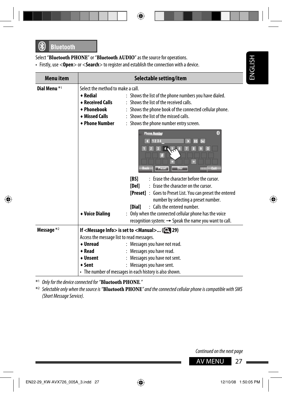 27 av menu english, Menu item selectable setting/item | JVC GET0602-001A User Manual | Page 173 / 362