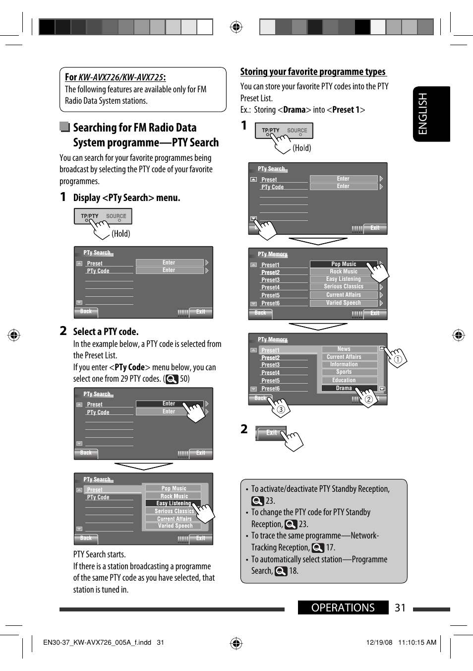 31 operations english, Display <pty search> menu, Select a pty code | Storing your favorite programme types | JVC GET0602-001A User Manual | Page 177 / 362