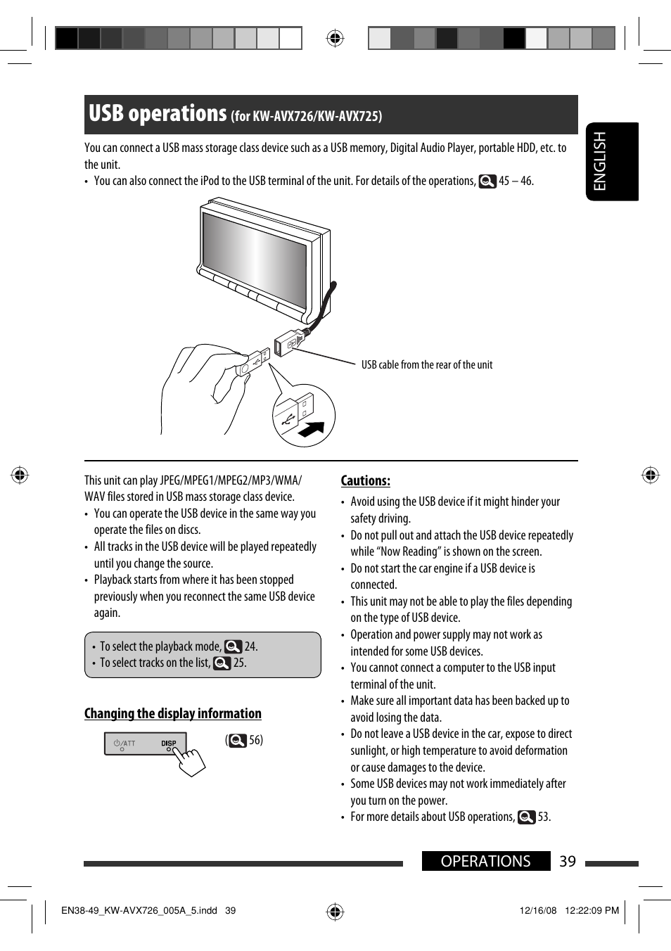 Usb operations (for kw-avx726/kw-avx725), Usb operations, 39 operations english | JVC GET0602-001A User Manual | Page 185 / 362