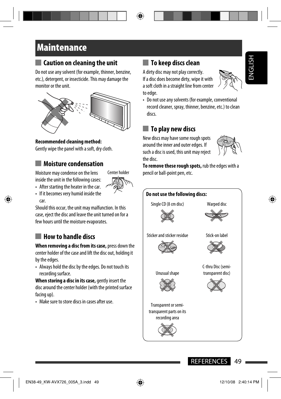 Maintenance, Caution on cleaning the unit, Moisture condensation | How to handle discs, 49 references english | JVC GET0602-001A User Manual | Page 195 / 362