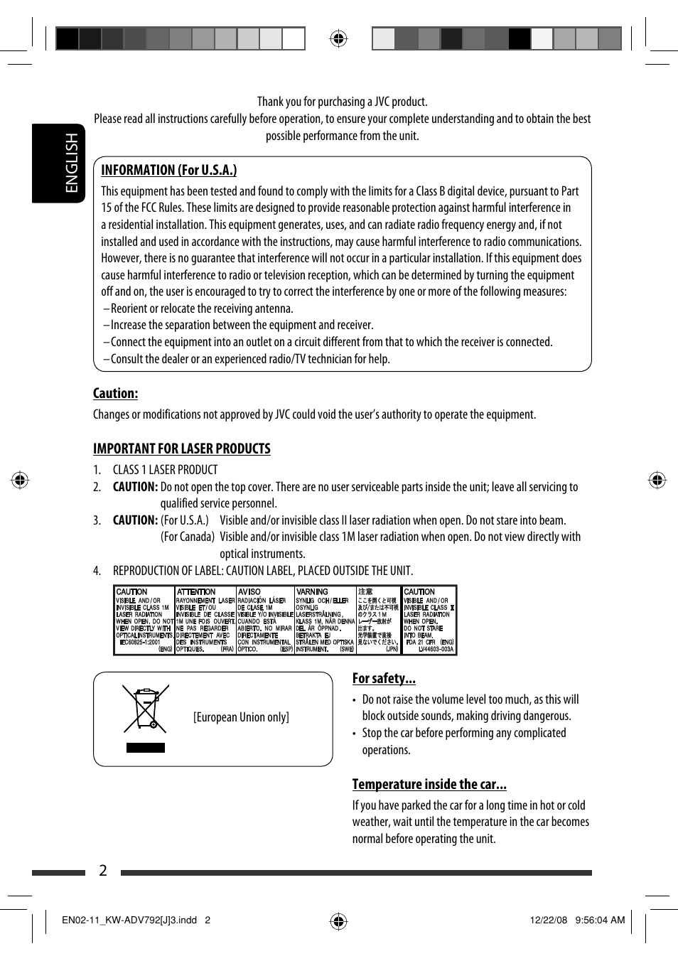 Information (for u.s.a.), Important for laser products, 2english | JVC GET0602-001A User Manual | Page 2 / 362