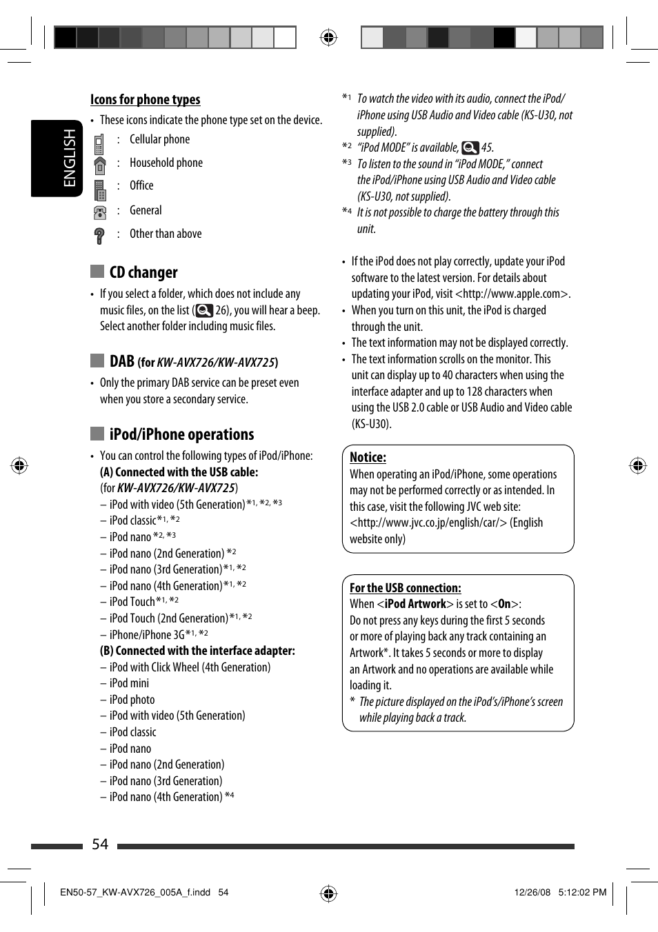 Cd changer, Ipod/iphone operations, 54 english | Notice, Icons for phone types | JVC GET0602-001A User Manual | Page 200 / 362