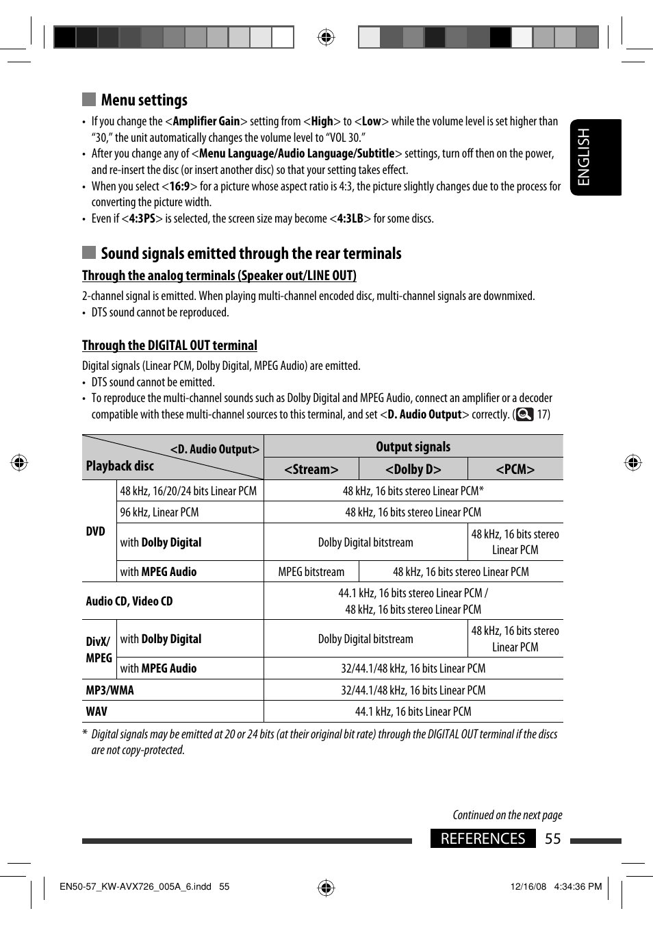 Menu settings, Sound signals emitted through the rear terminals, 55 references english | JVC GET0602-001A User Manual | Page 201 / 362