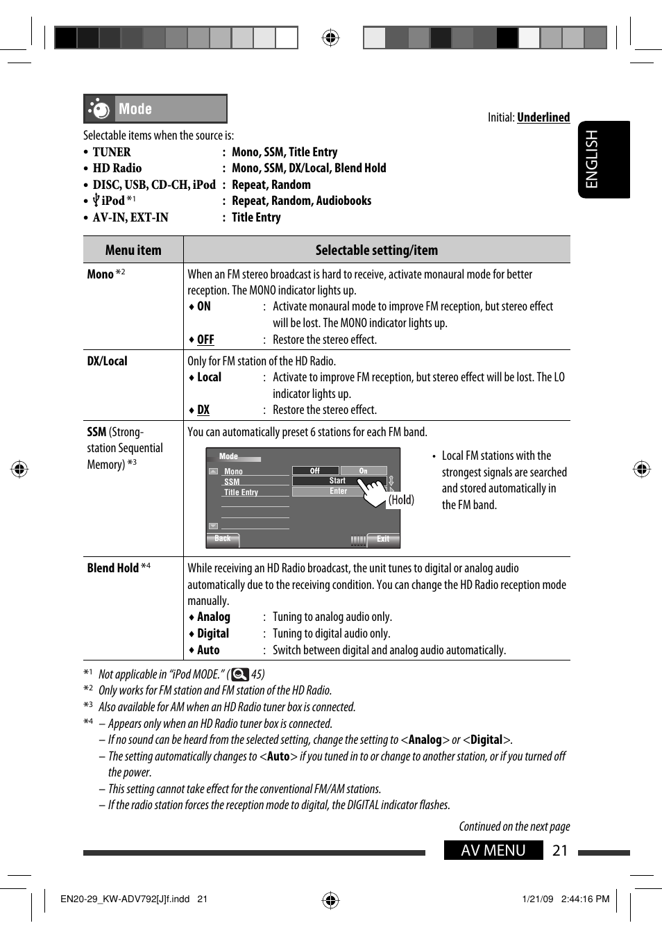 21 av menu english, Menu item selectable setting/item | JVC GET0602-001A User Manual | Page 21 / 362