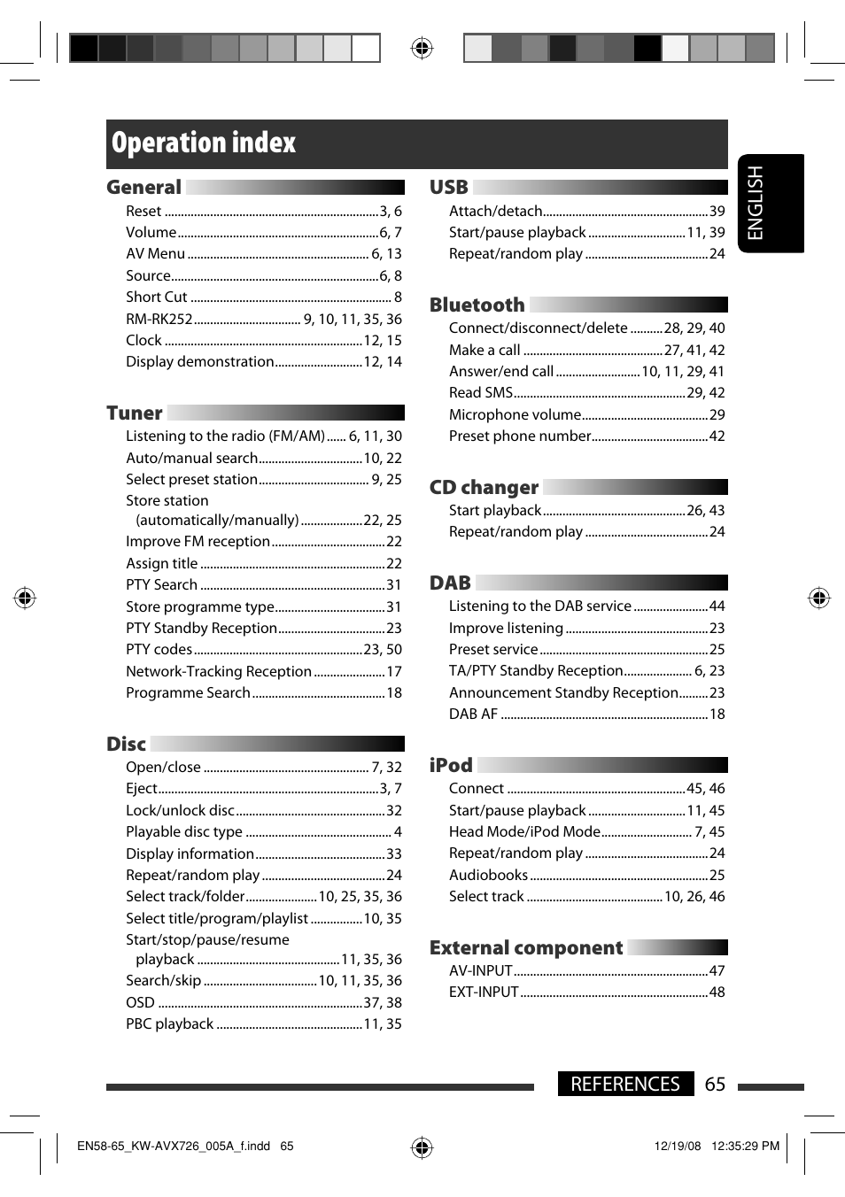 Operation index, 65 references english general, Tuner | Disc, Bluetooth, Cd changer, Ipod, External component | JVC GET0602-001A User Manual | Page 211 / 362