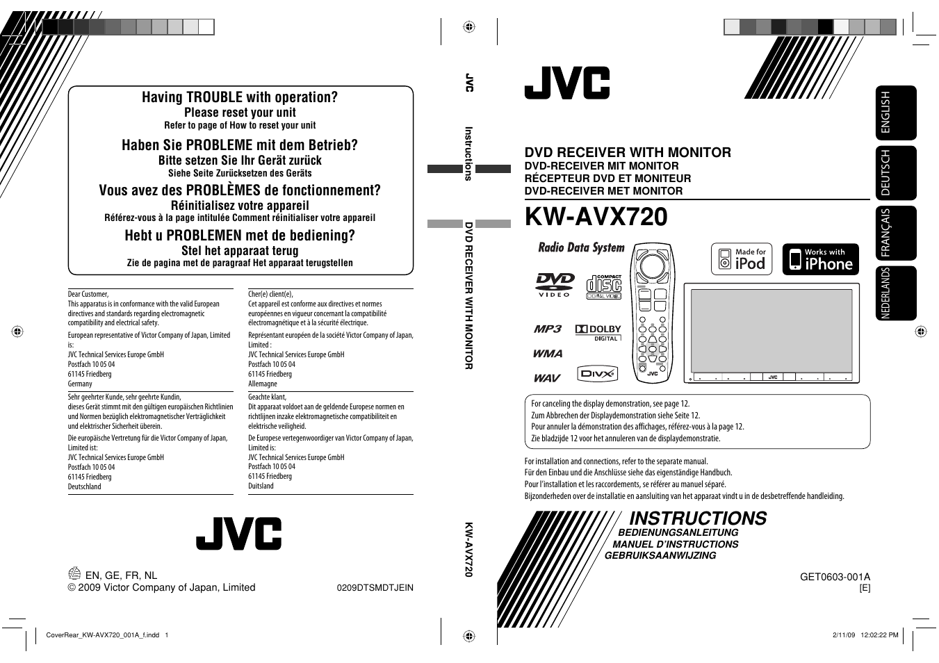 Kw-avx720 e, Instructions, Kw-avx720 | Having trouble with operation, Haben sie probleme mit dem betrieb, Vous avez des problèmes de fonctionnement, Hebt u problemen met de bediening, Dvd receiver with monitor, Please reset your unit, Bitte setzen sie ihr gerät zurück | JVC GET0602-001A User Manual | Page 219 / 362