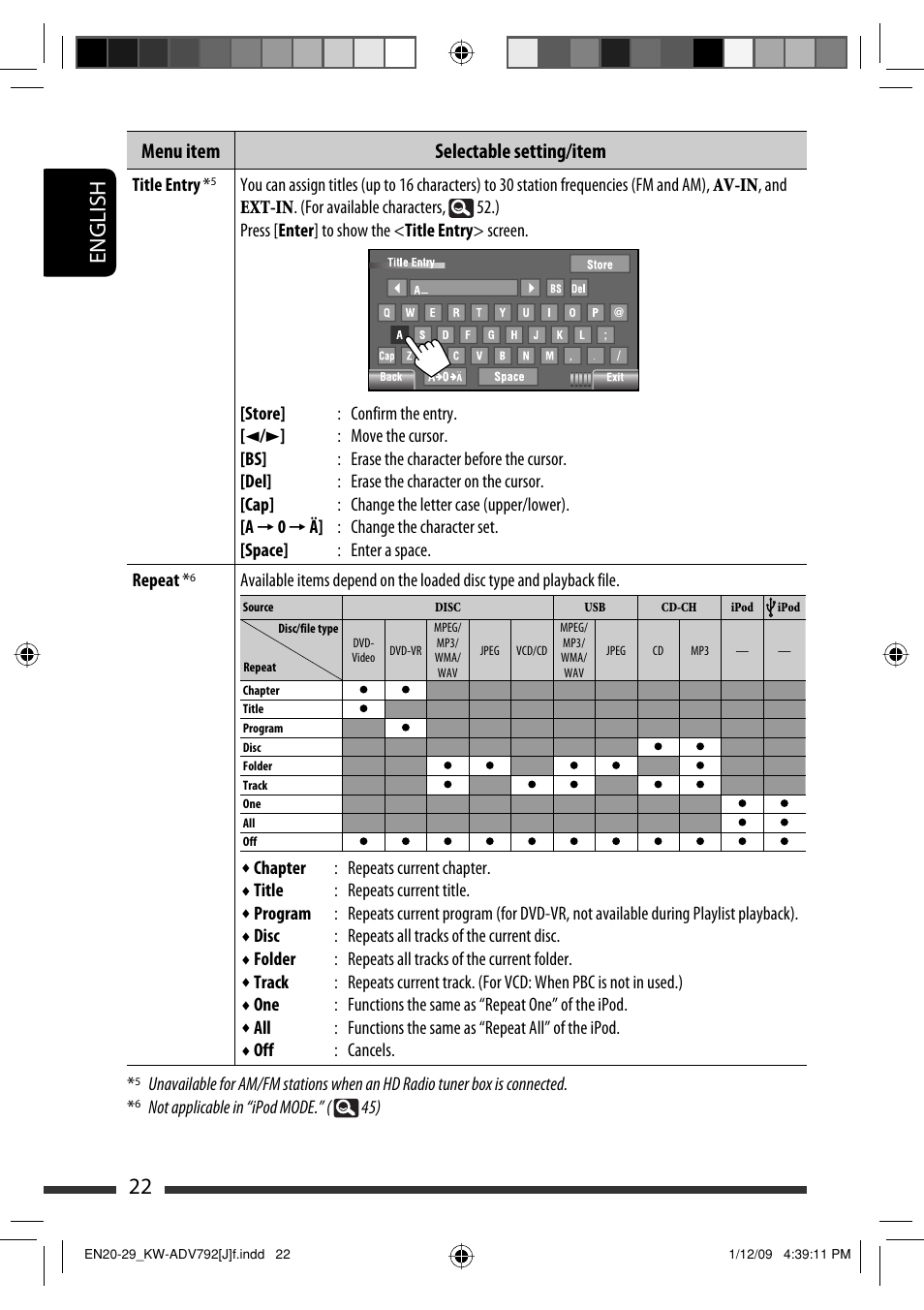 22 english, Menu item selectable setting/item | JVC GET0602-001A User Manual | Page 22 / 362