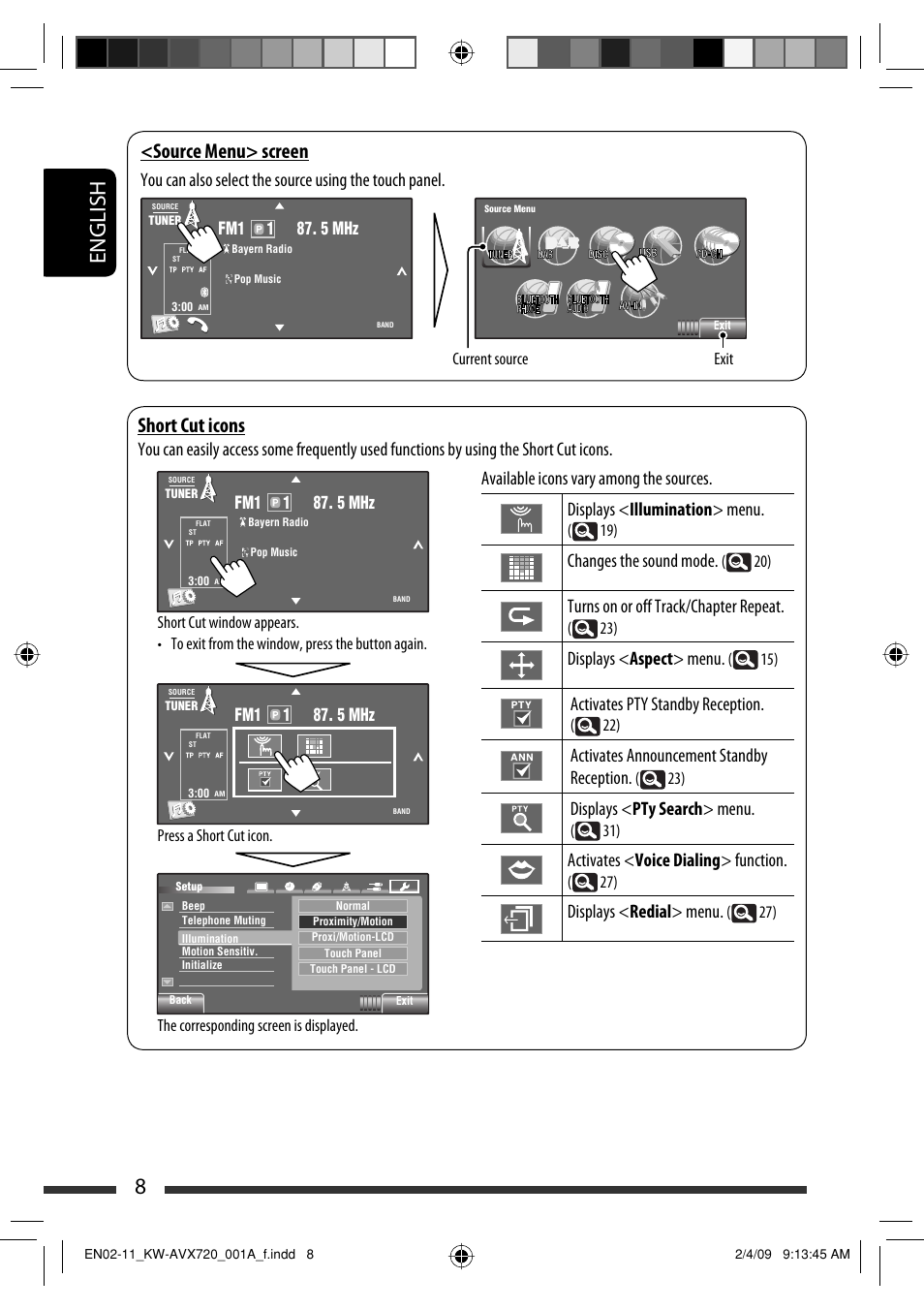 8english, Short cut icons, Source menu> screen | Changes the sound mode, Turns on or off track/chapter repeat, Displays < aspect > menu, Activates pty standby reception, Activates announcement standby reception, Displays < pty search > menu, Activates < voice dialing > function | JVC GET0602-001A User Manual | Page 226 / 362