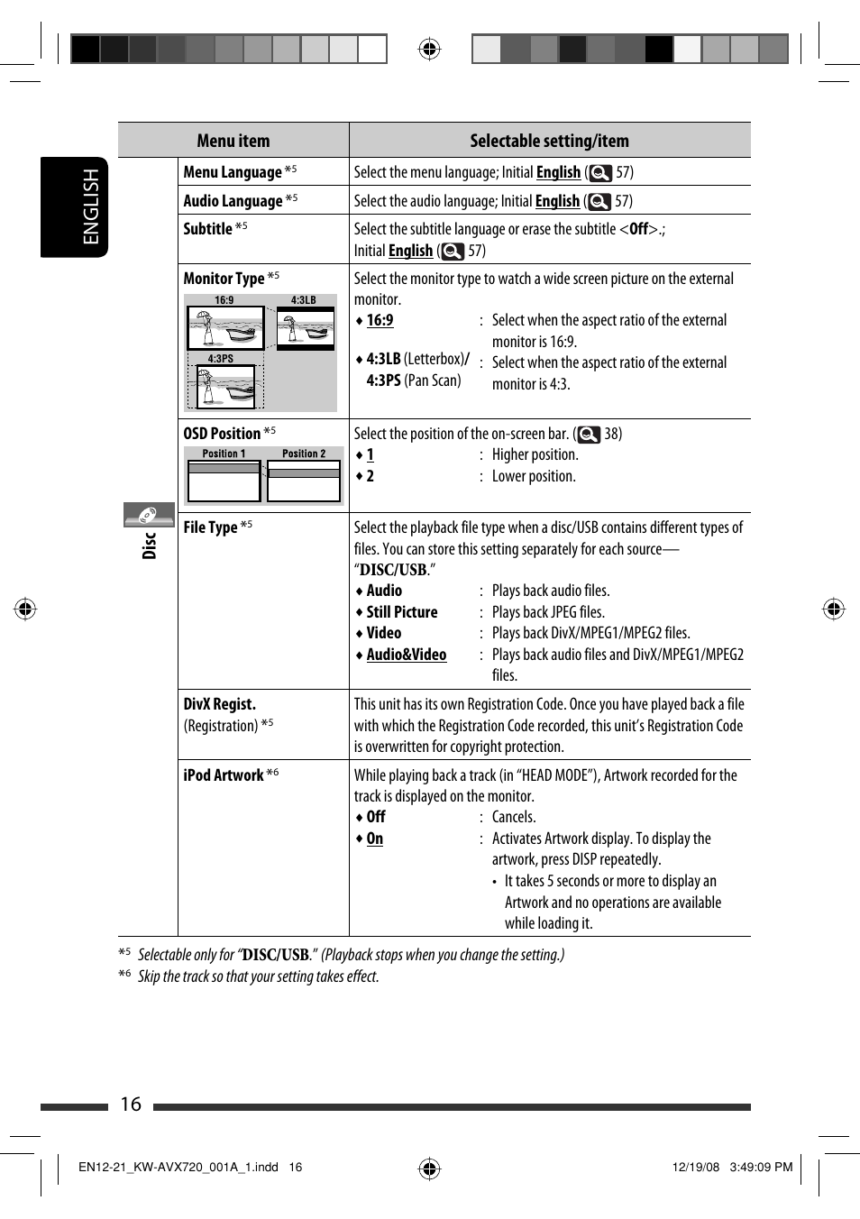 16 english, Menu item selectable setting/item disc | JVC GET0602-001A User Manual | Page 234 / 362