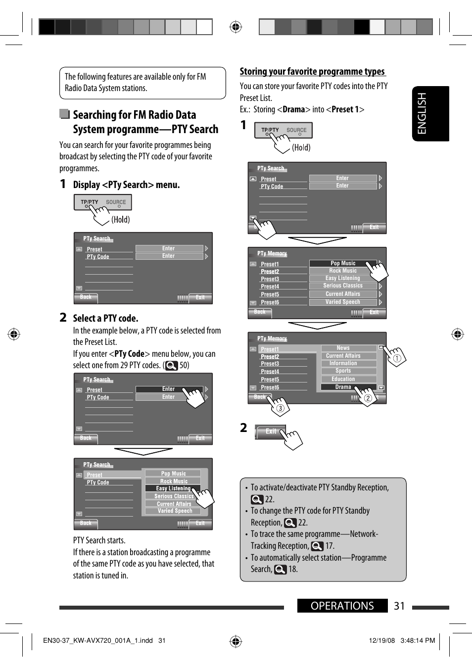 31 operations english, Display <pty search> menu, Select a pty code | Storing your favorite programme types | JVC GET0602-001A User Manual | Page 249 / 362