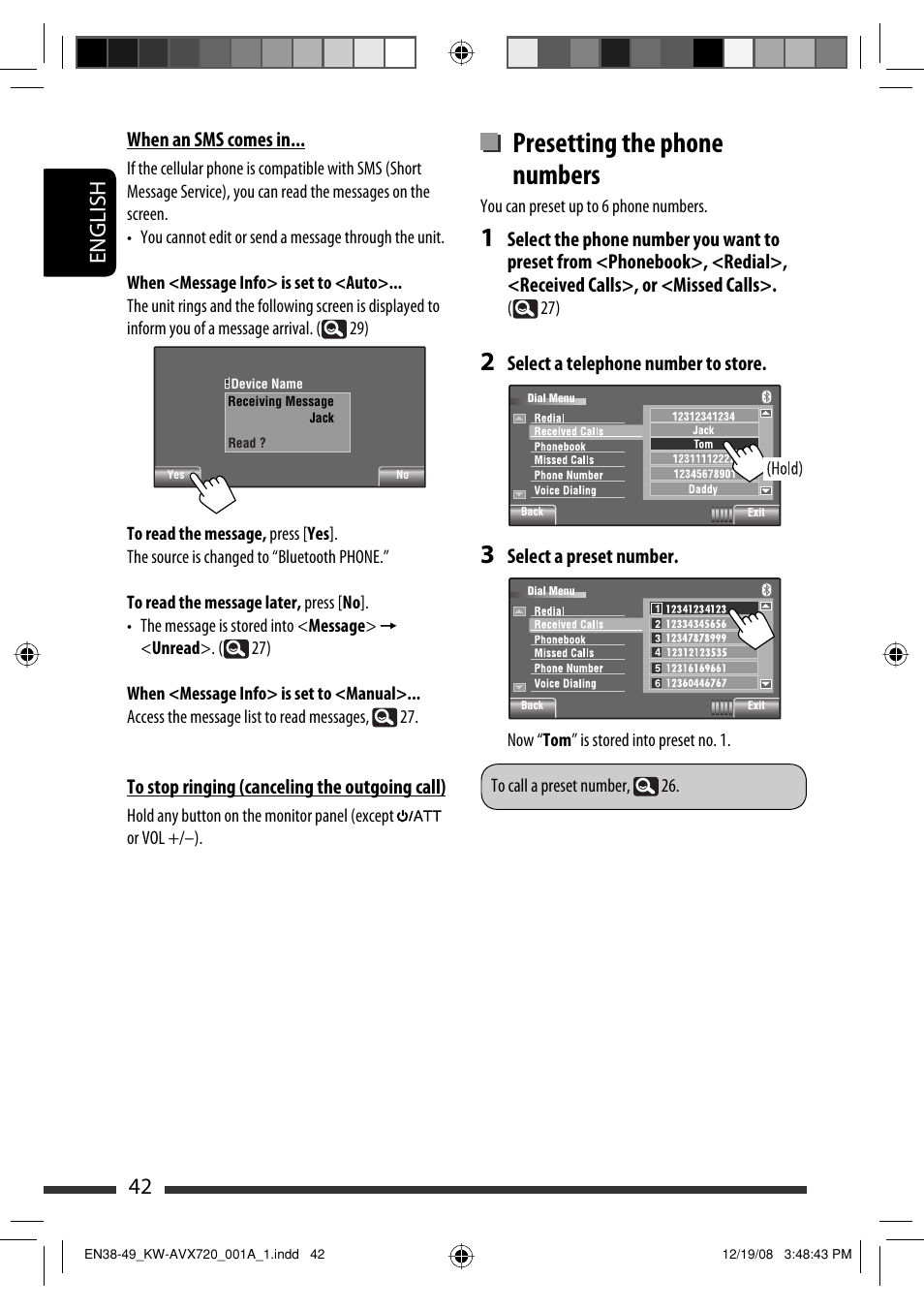 Presetting the phone numbers, 42 english | JVC GET0602-001A User Manual | Page 260 / 362