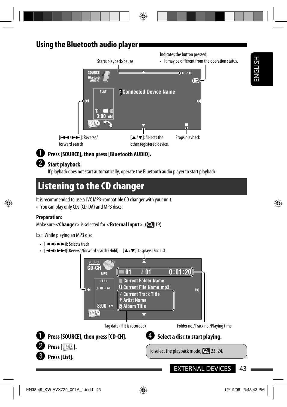 Listening to the cd changer, Using the bluetooth audio player, 43 external devices english | JVC GET0602-001A User Manual | Page 261 / 362