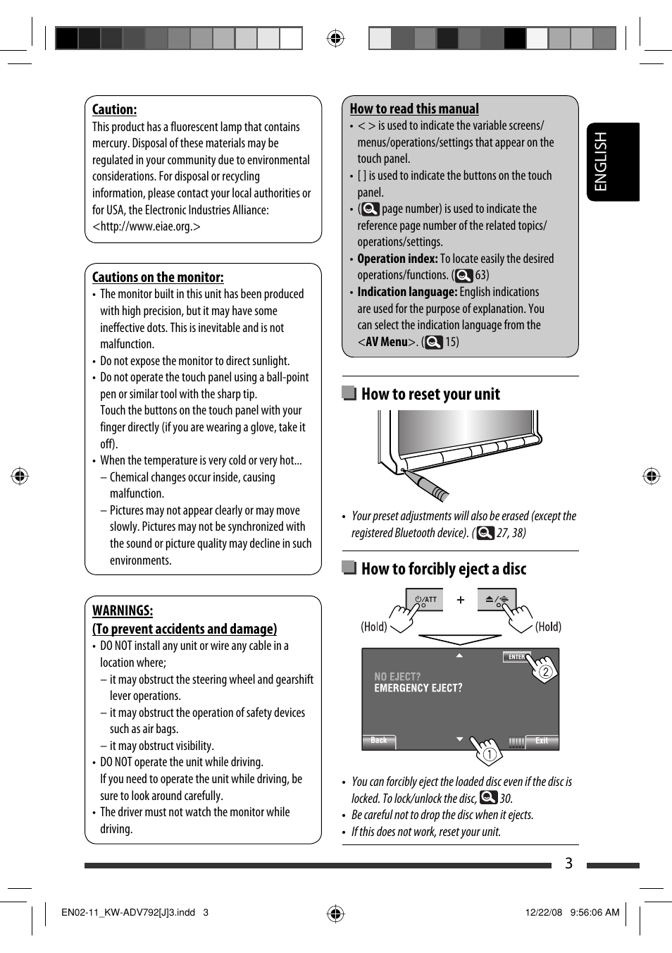How to reset your unit, How to forcibly eject a disc, 3english | JVC GET0602-001A User Manual | Page 3 / 362