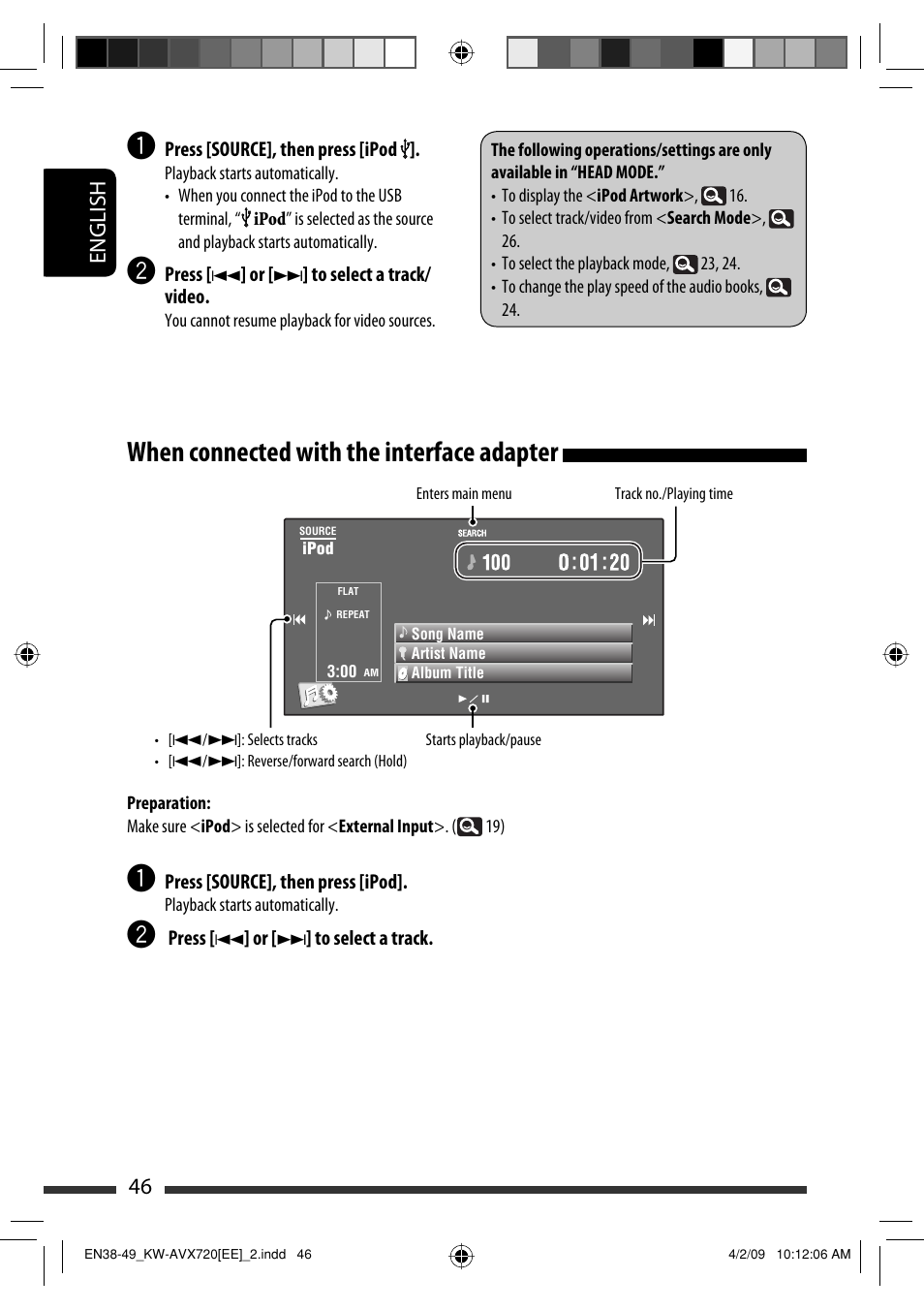 When connected with the interface adapter, 46 english | JVC GET0602-001A User Manual | Page 336 / 362