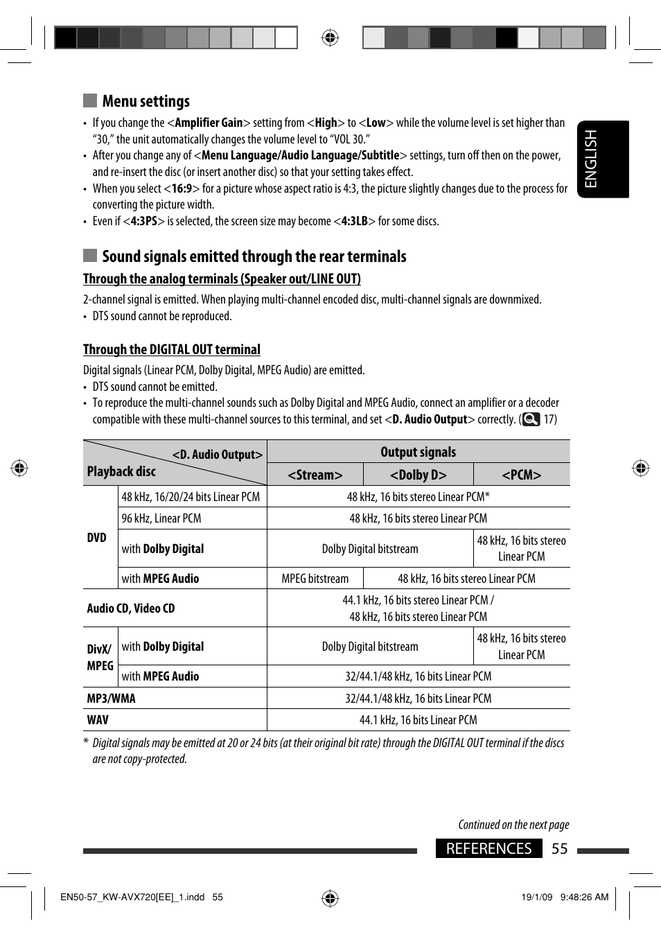 Menu settings, Sound signals emitted through the rear terminals, 55 references english | JVC GET0602-001A User Manual | Page 345 / 362