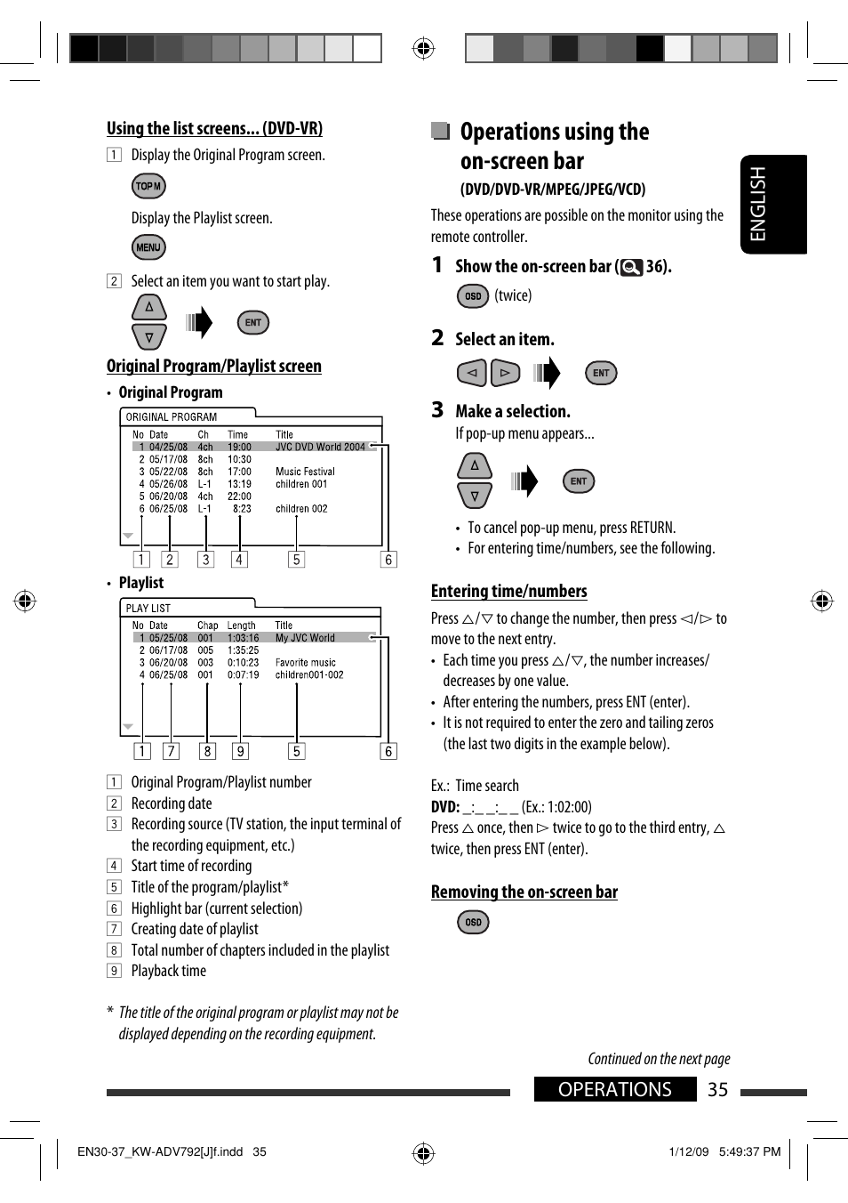 Operations using the on-screen bar, 35 operations english | JVC GET0602-001A User Manual | Page 35 / 362