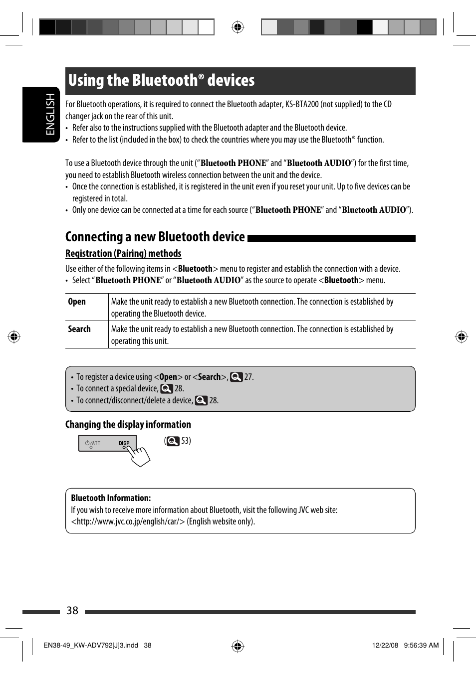 Using the bluetooth devices, Using the bluetooth® devices, Connecting a new bluetooth device | 38 english | JVC GET0602-001A User Manual | Page 38 / 362