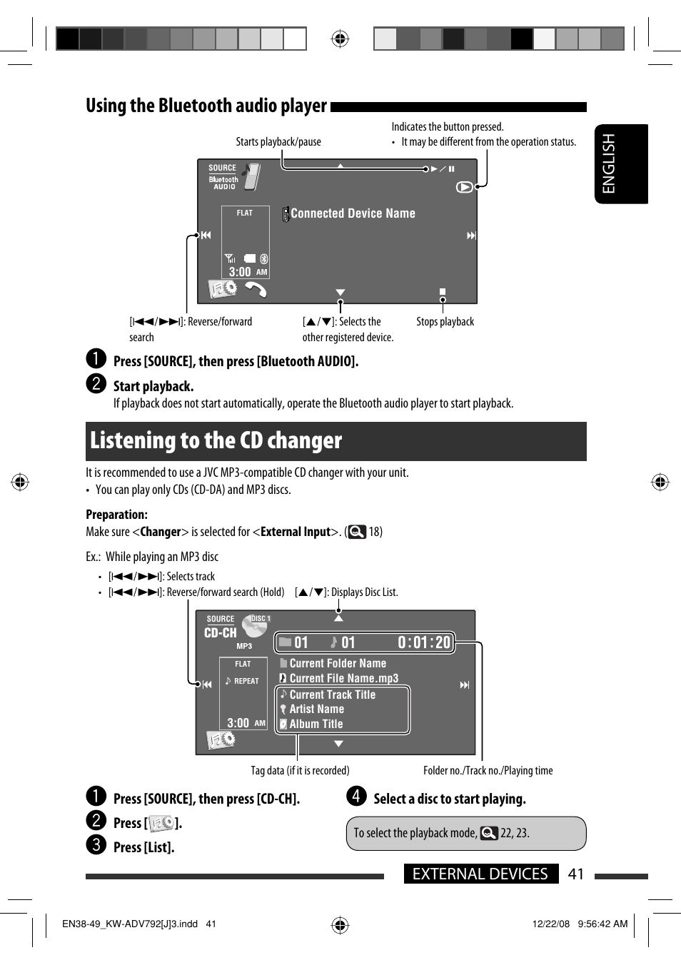 Listening to the cd changer, Using the bluetooth audio player, 41 external devices english | JVC GET0602-001A User Manual | Page 41 / 362