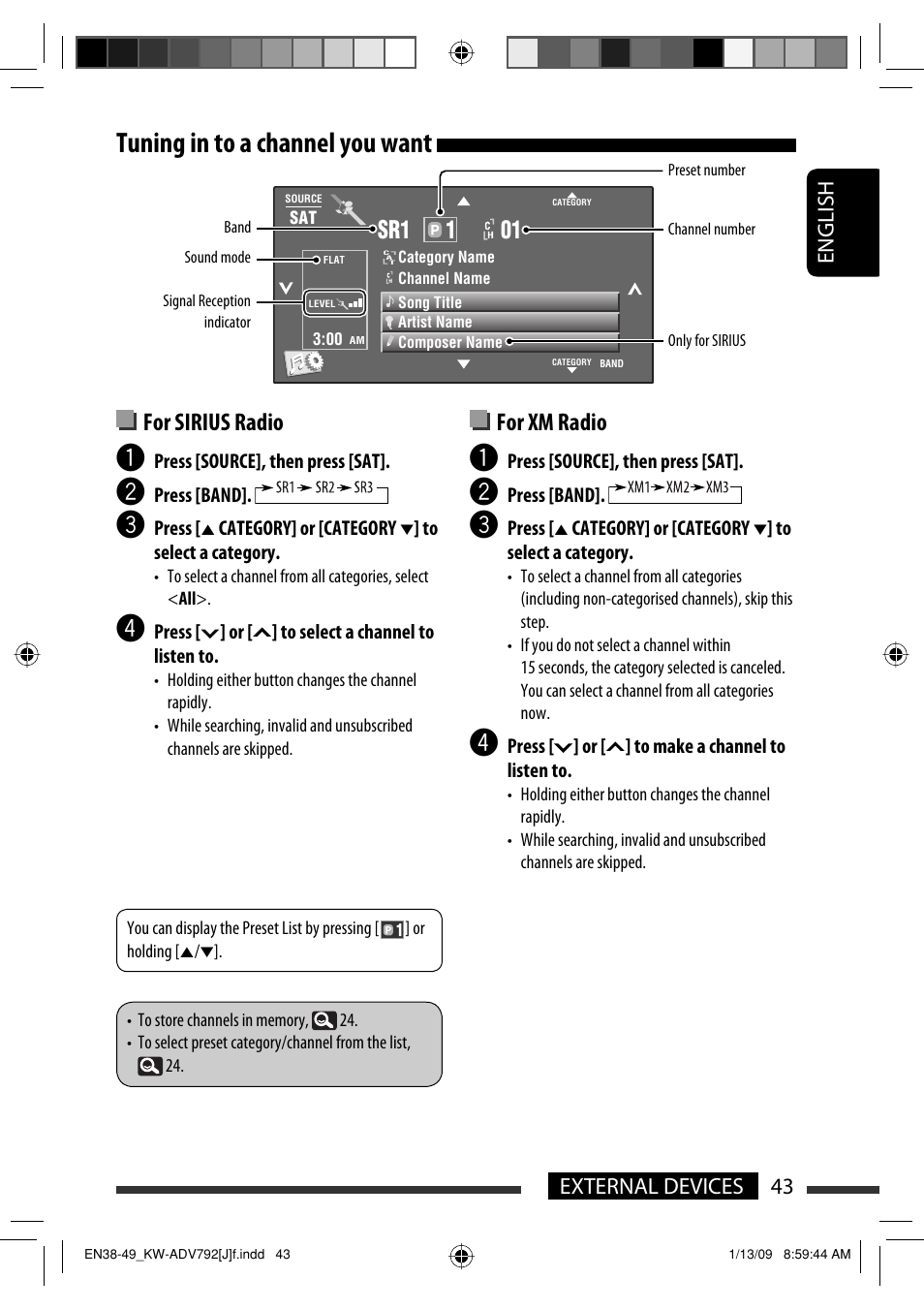 Tuning in to a channel you want, 1sr1 01, For sirius radio | For xm radio, 43 external devices english | JVC GET0602-001A User Manual | Page 43 / 362