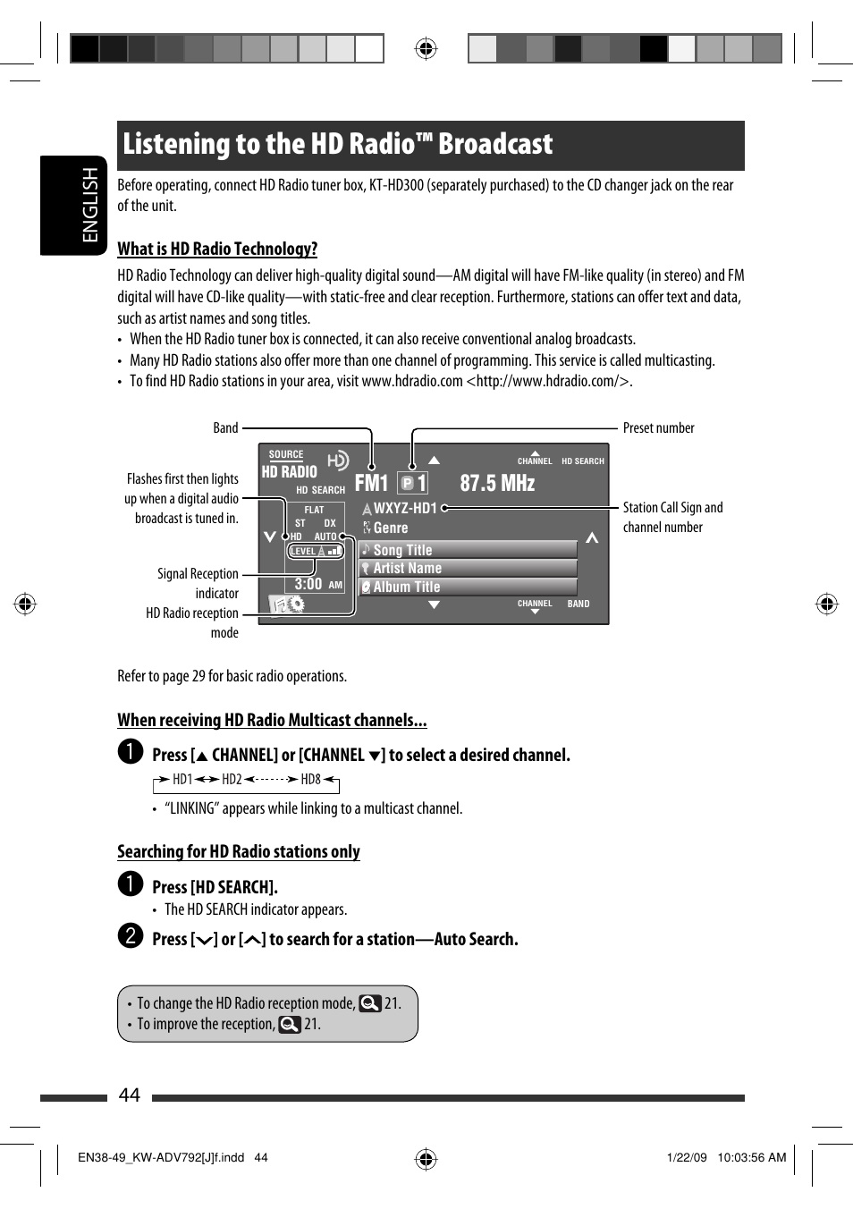 Listening to the hd radio broadcast, Listening to the hd radio™ broadcast, 44 english | JVC GET0602-001A User Manual | Page 44 / 362