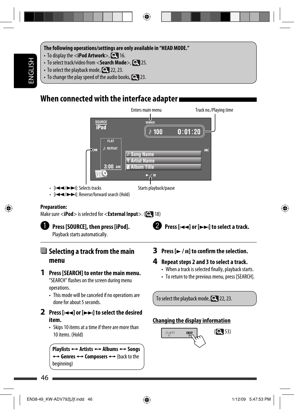 When connected with the interface adapter, Selecting a track from the main menu, 46 english | JVC GET0602-001A User Manual | Page 46 / 362
